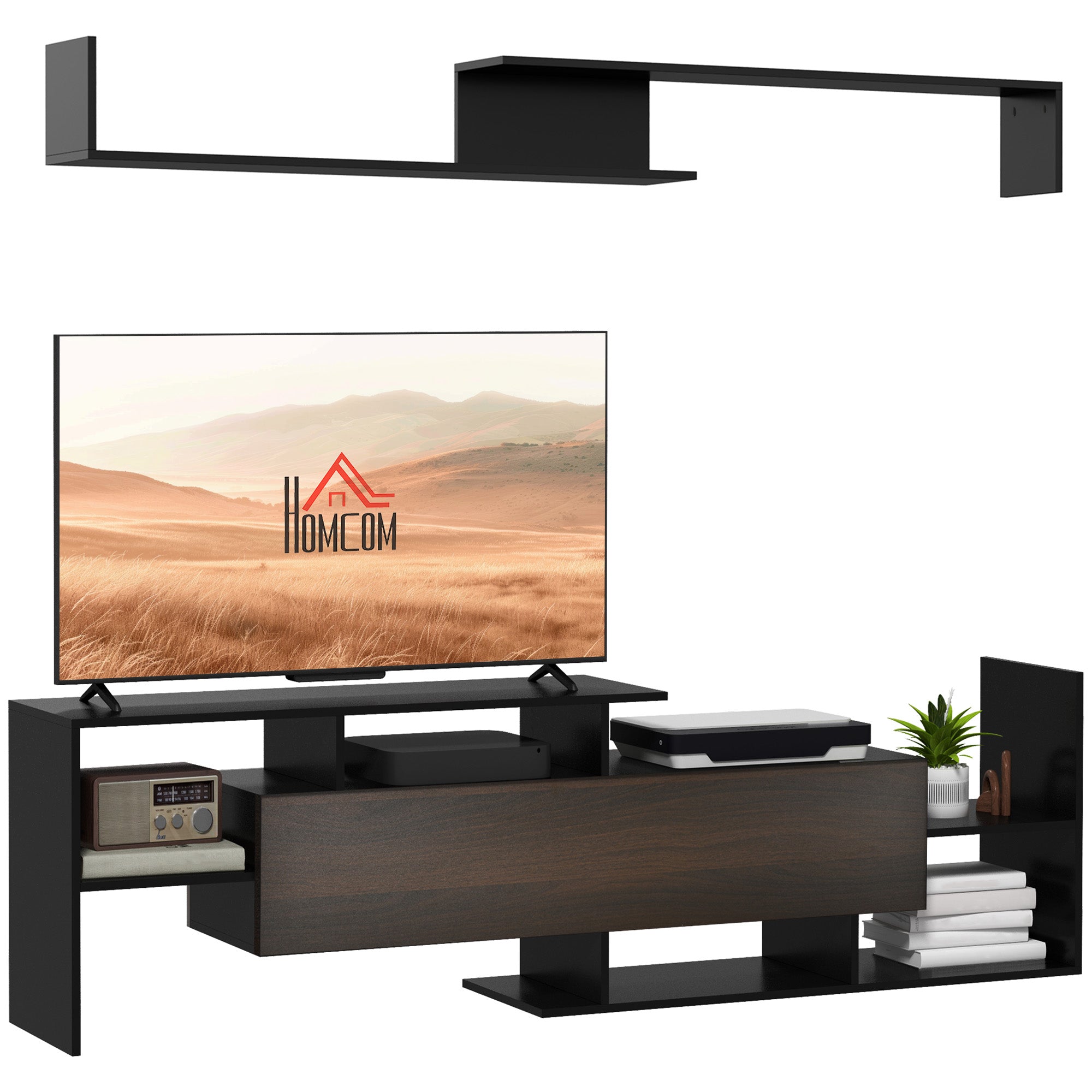 Kozy TV Cabinet with Wall Shelf for Wall-Mounted 65" TVs or Standing 40" TVs - White and Natural