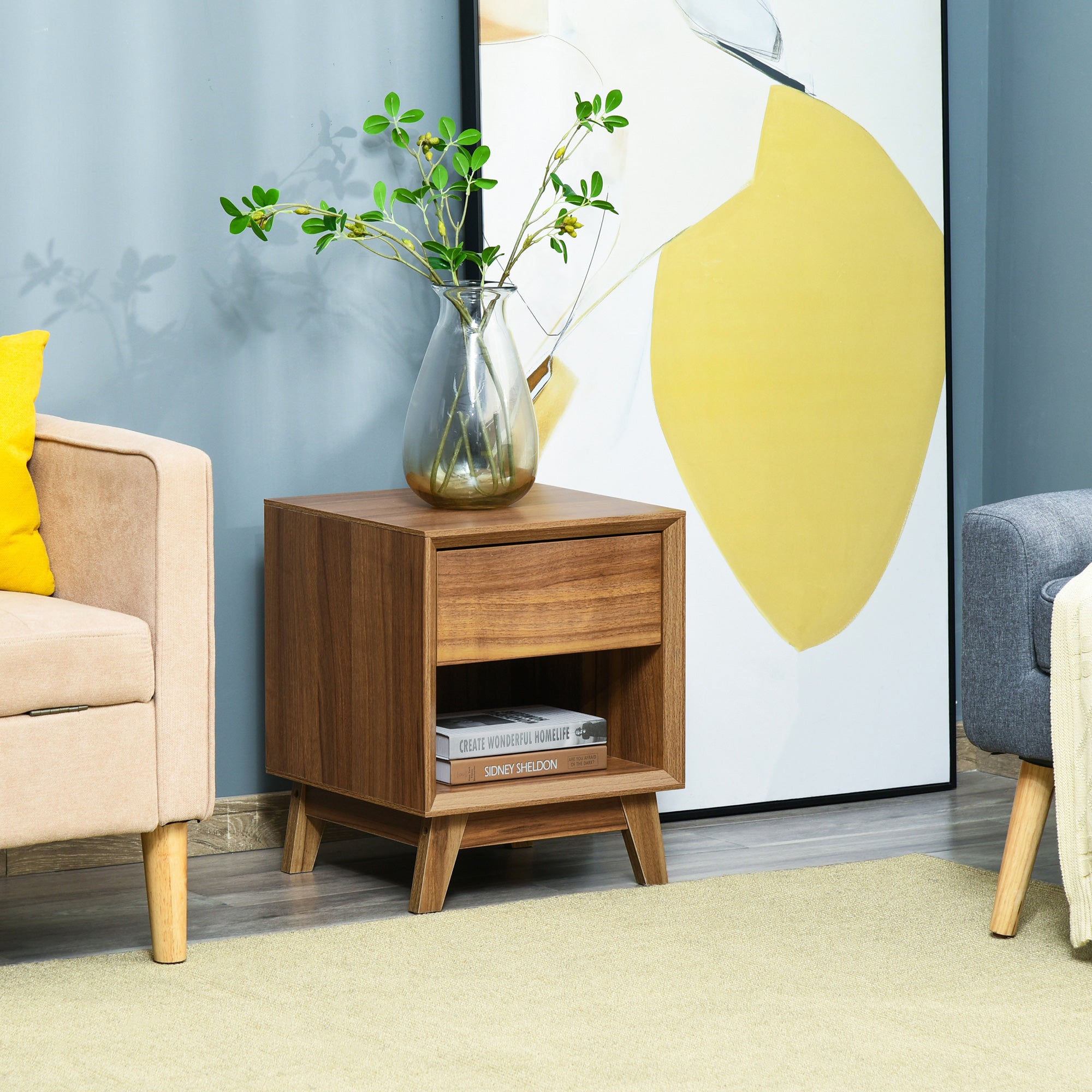 Kozy Modern Bedside Table Nightstand, Living Room End Table, Side Table with Drawer and Shelf, Walnut Brown