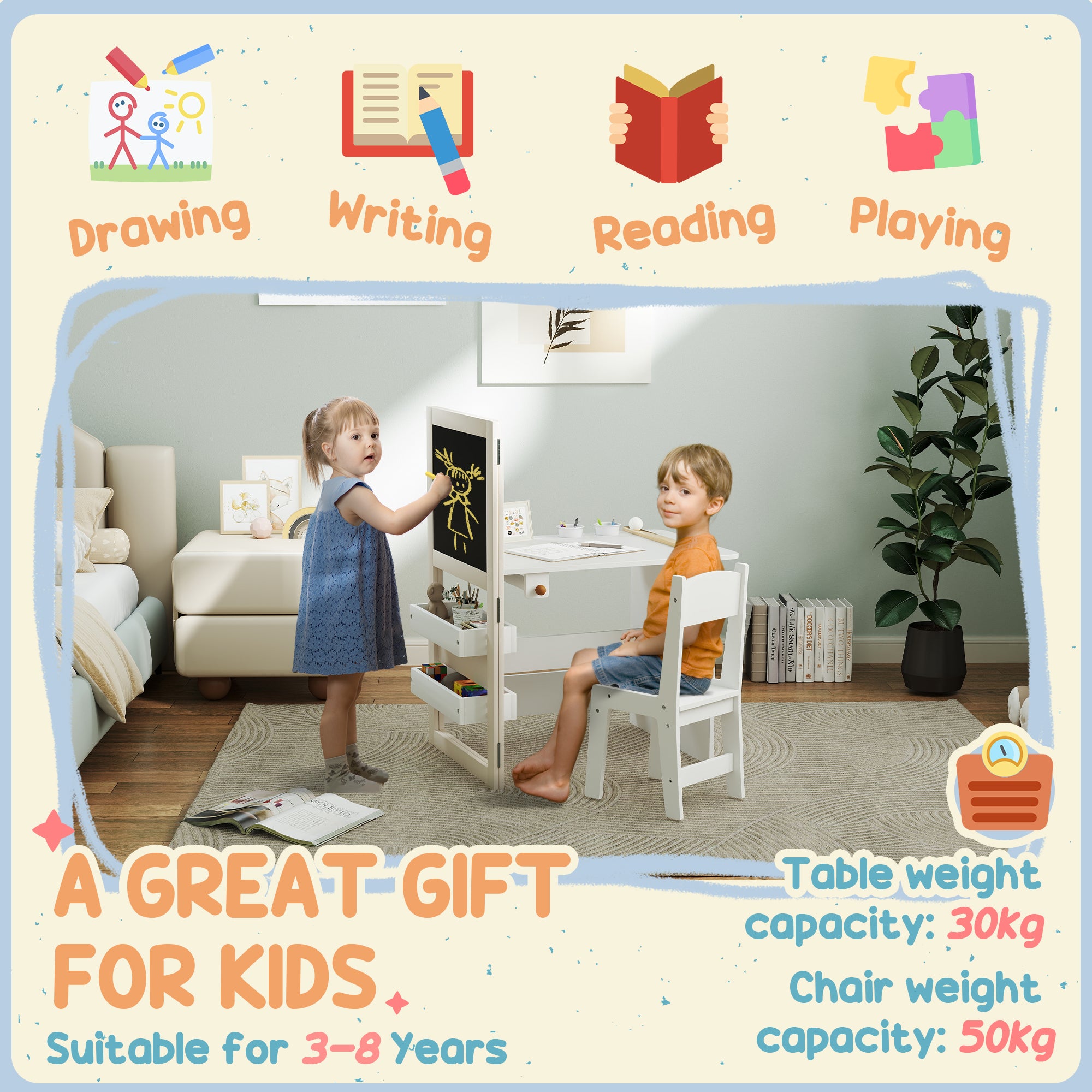 Kozy 3 in 1 Kids Table and Chair Set with Storage, Whiteboard, Blackboard & Roll Paper for 3-8 Years, White