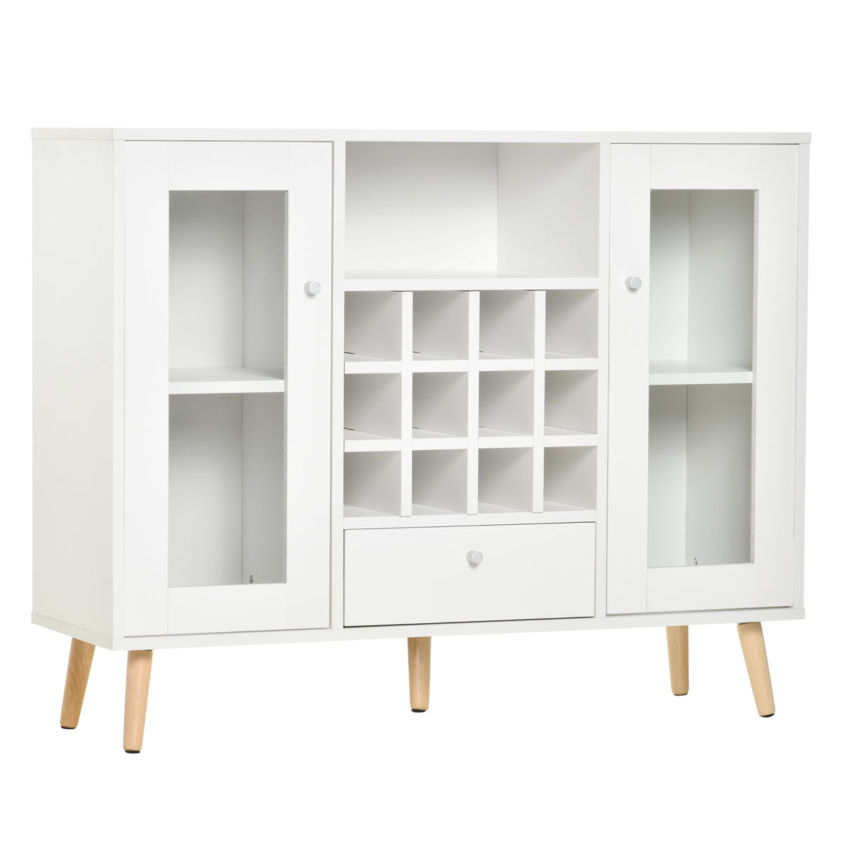 Kozy Modern Sideboard Storage Cabinet Kitchen Cupboard Dining Bar Server with Glass Doors, Drawer & 12-Bottle Wine Rack for Living Room, White