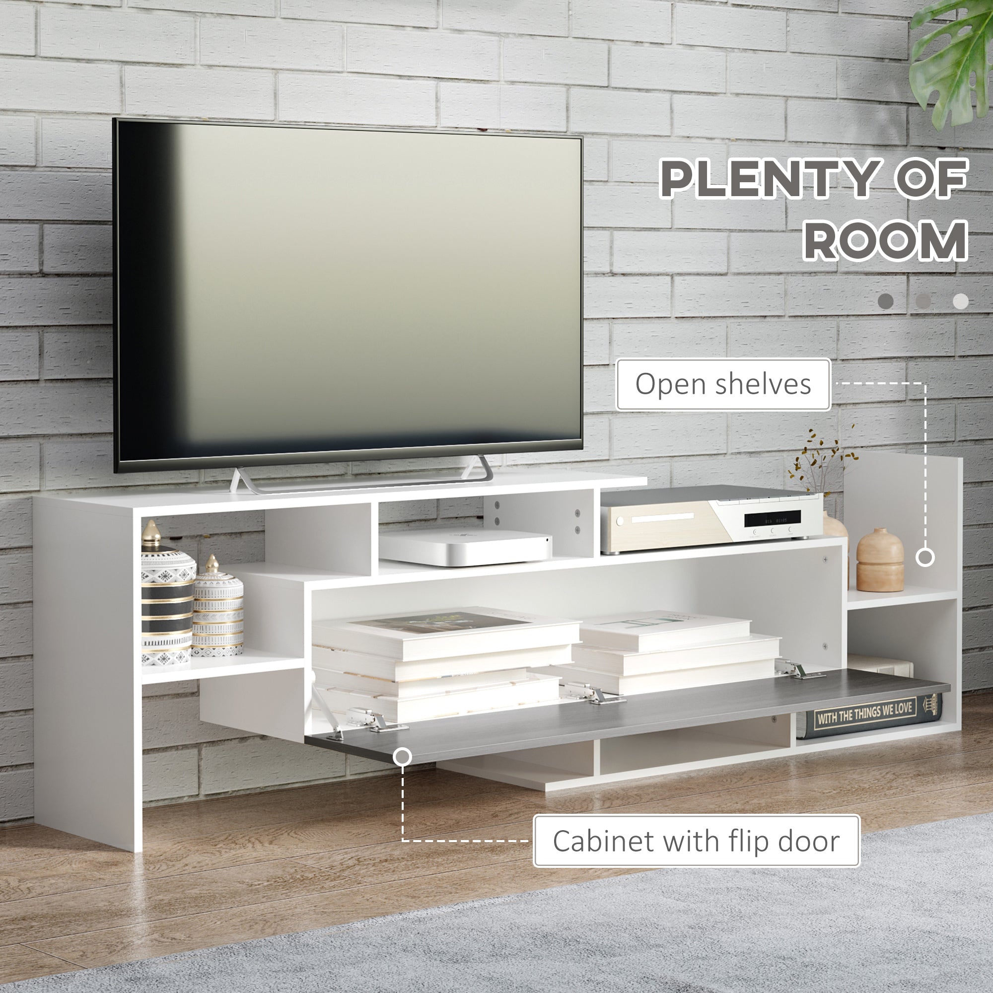 Kozy TV Cabinet with Wall Shelf for Wall-Mounted 65" TVs or Standing 40" TVs - White and Natural
