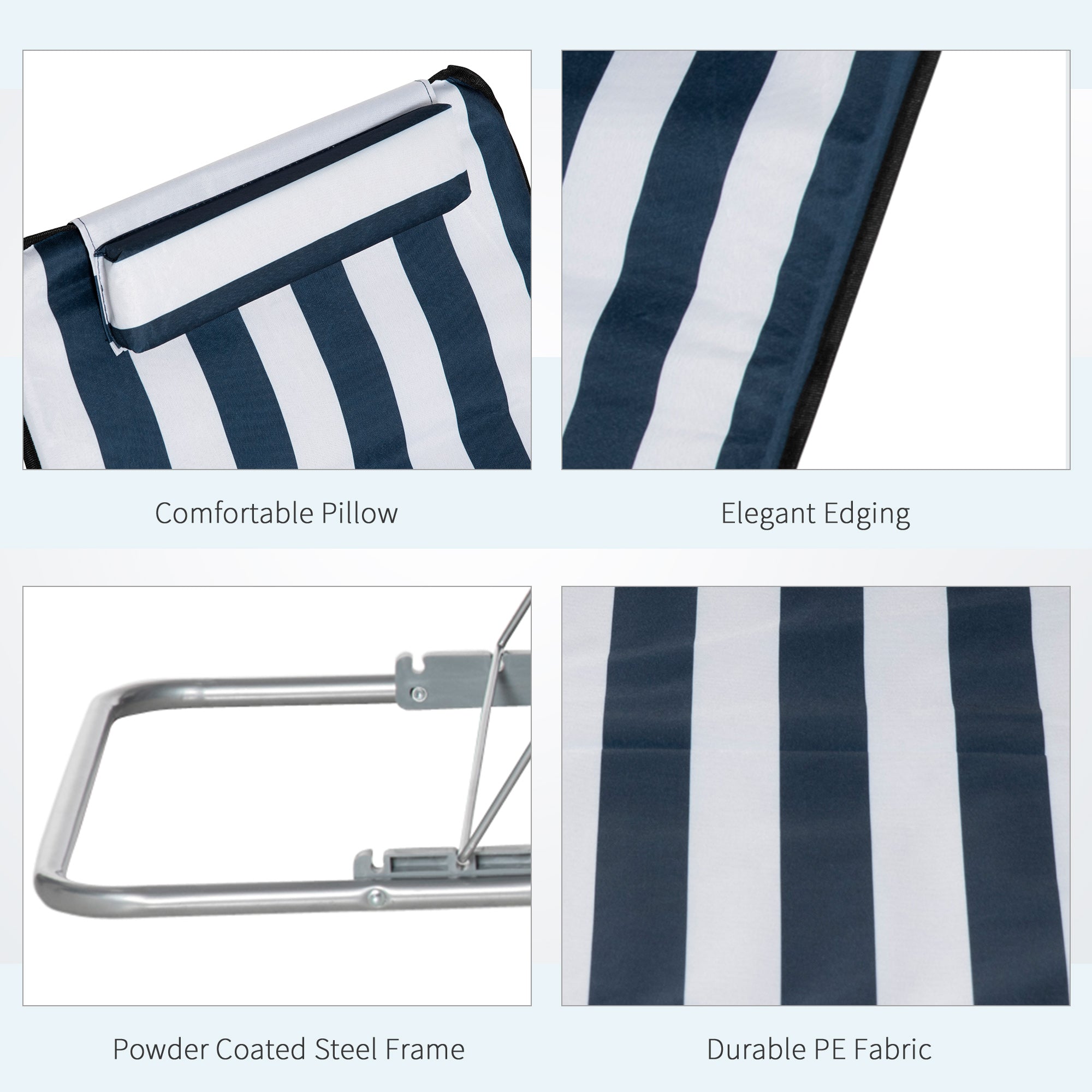 Kozy Set of 2 Foldable Garden Beach Chair Mat Lightweight Outdoor Sun Lounger Seats Adjustable Back Metal Frame PE Fabric Head Pillow w/ Carry Bag, Blue