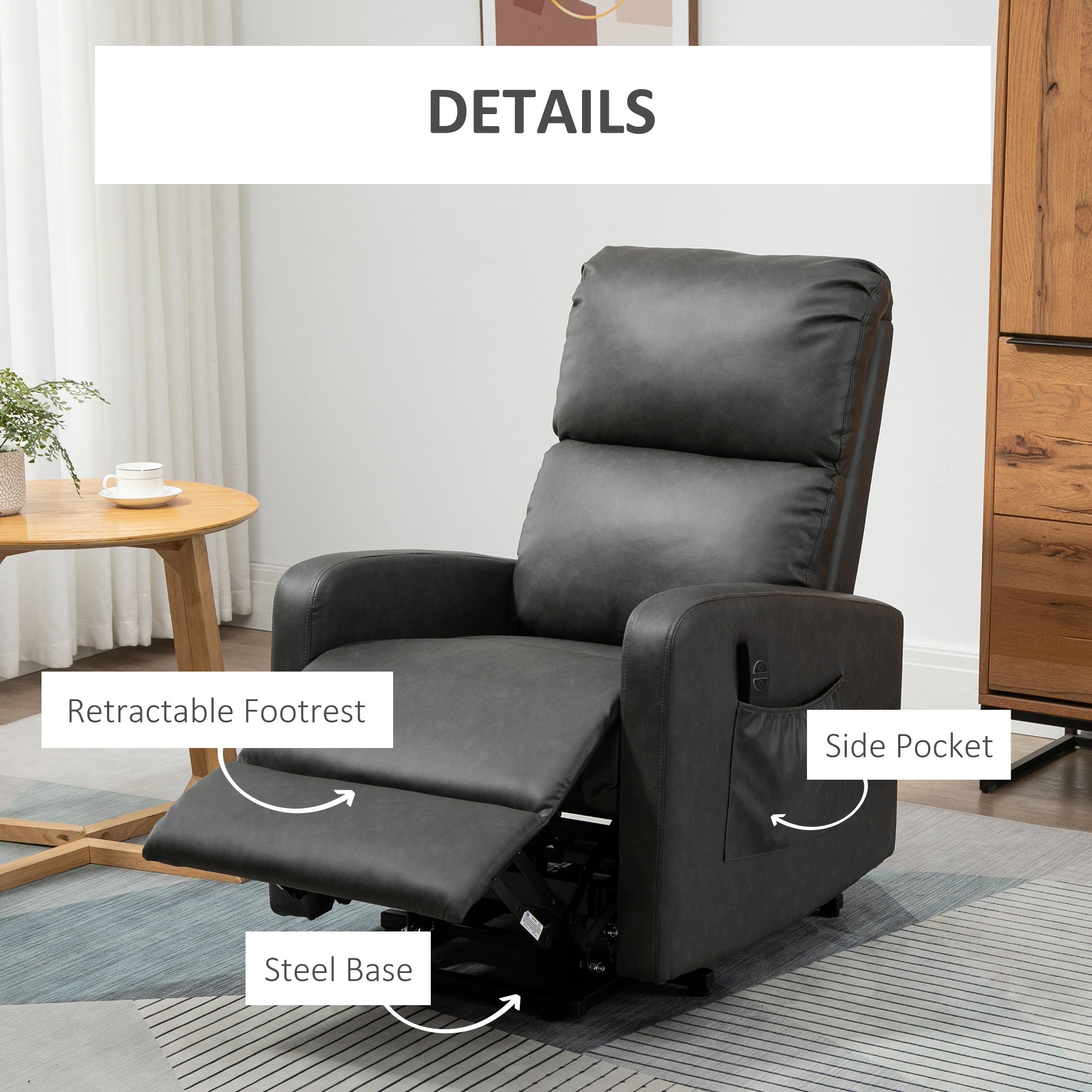 Kozy Riser and Recliner Chair for the Elderly, PU Leather Upholstered Lift Chair for Living Room with Remote Control, Side Pockets, Charcoal Grey
