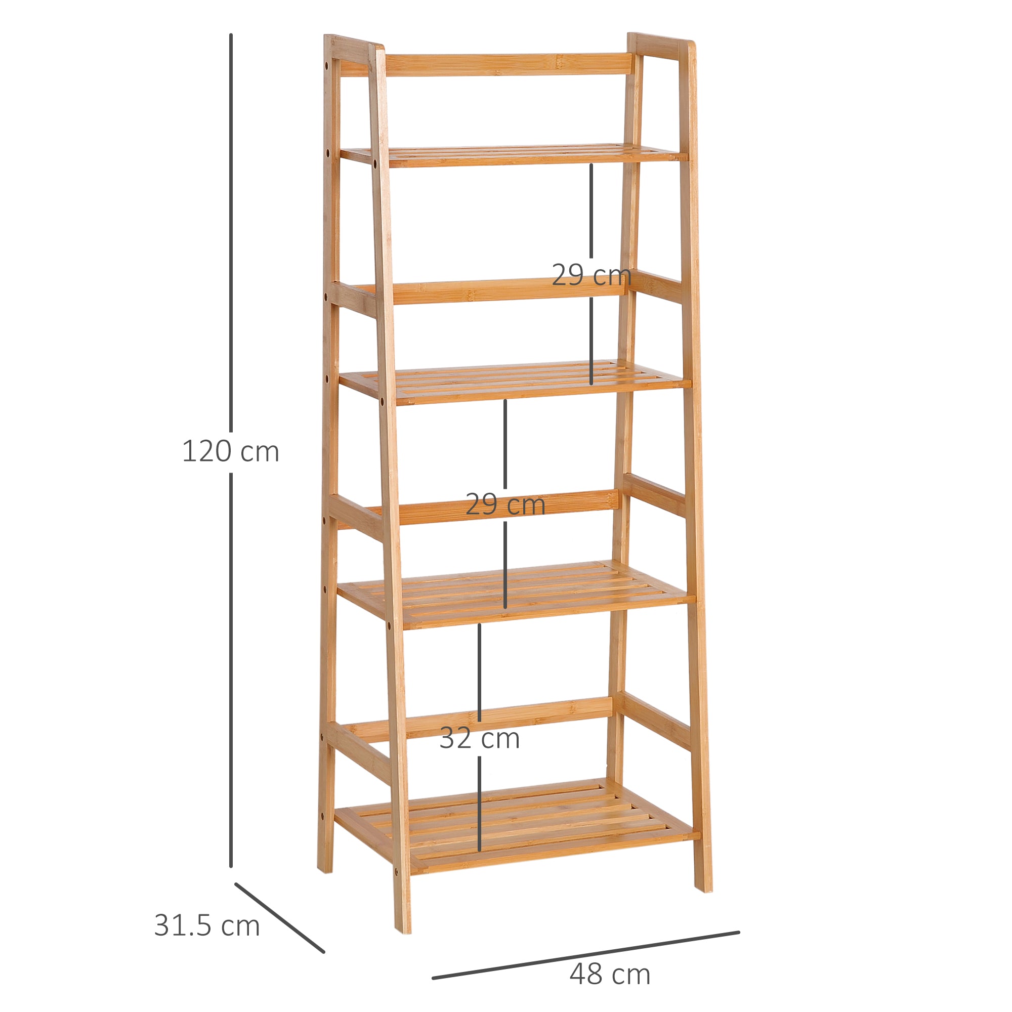 Kozy Bamboo Ladder Shelf, 4-Tier Bookshelf, Freestanding Bookcase for Living Room, Study, Bedroom, Home Office, 48 x 31.5 x 120cm, Natural Wood Effect