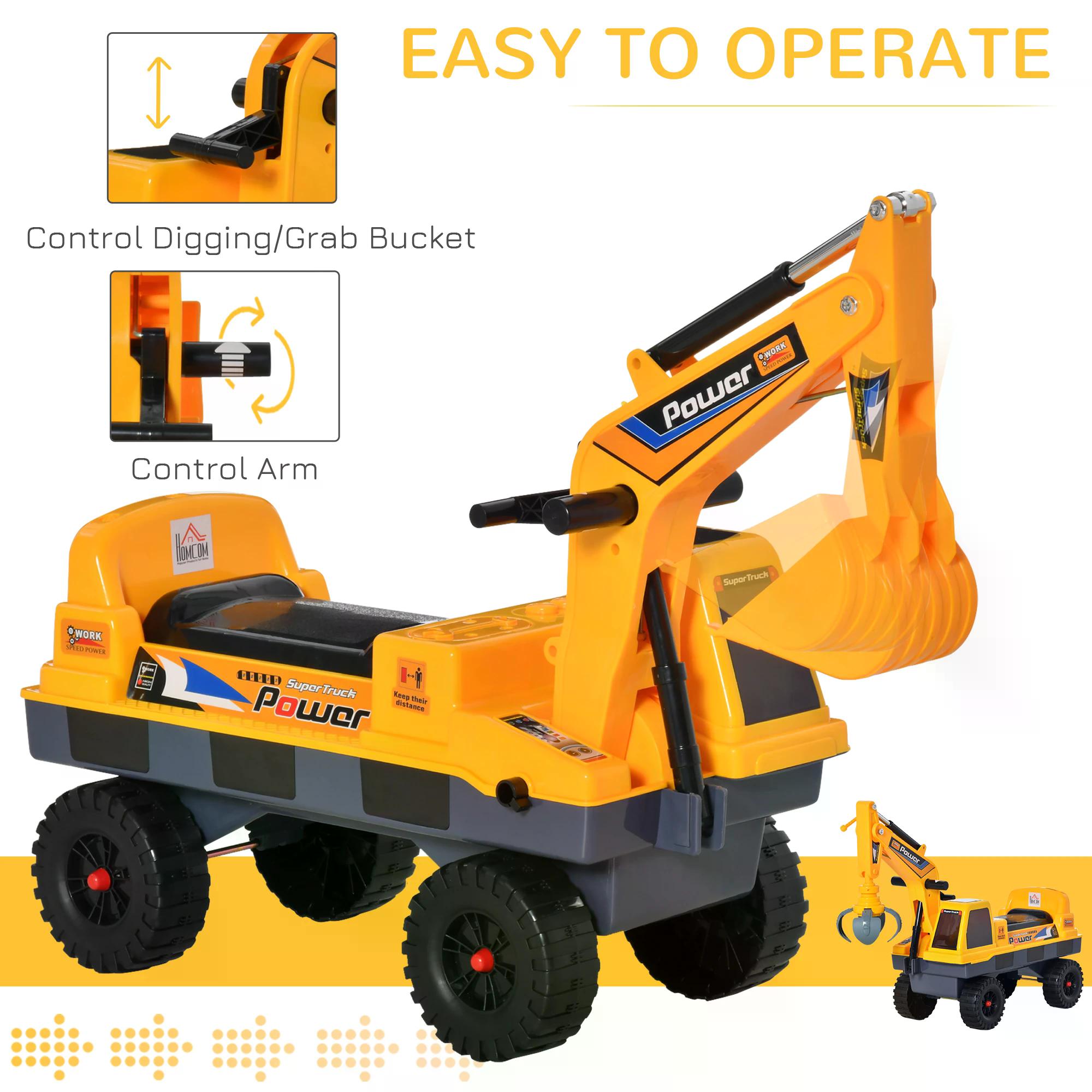 HOMCOM Ride-On Excavator for Toddlers, Multi-Functional Bulldozer Toy with Detachable Digging Bucket and Music, for Ages 2-3, Yellow | Aosom UK