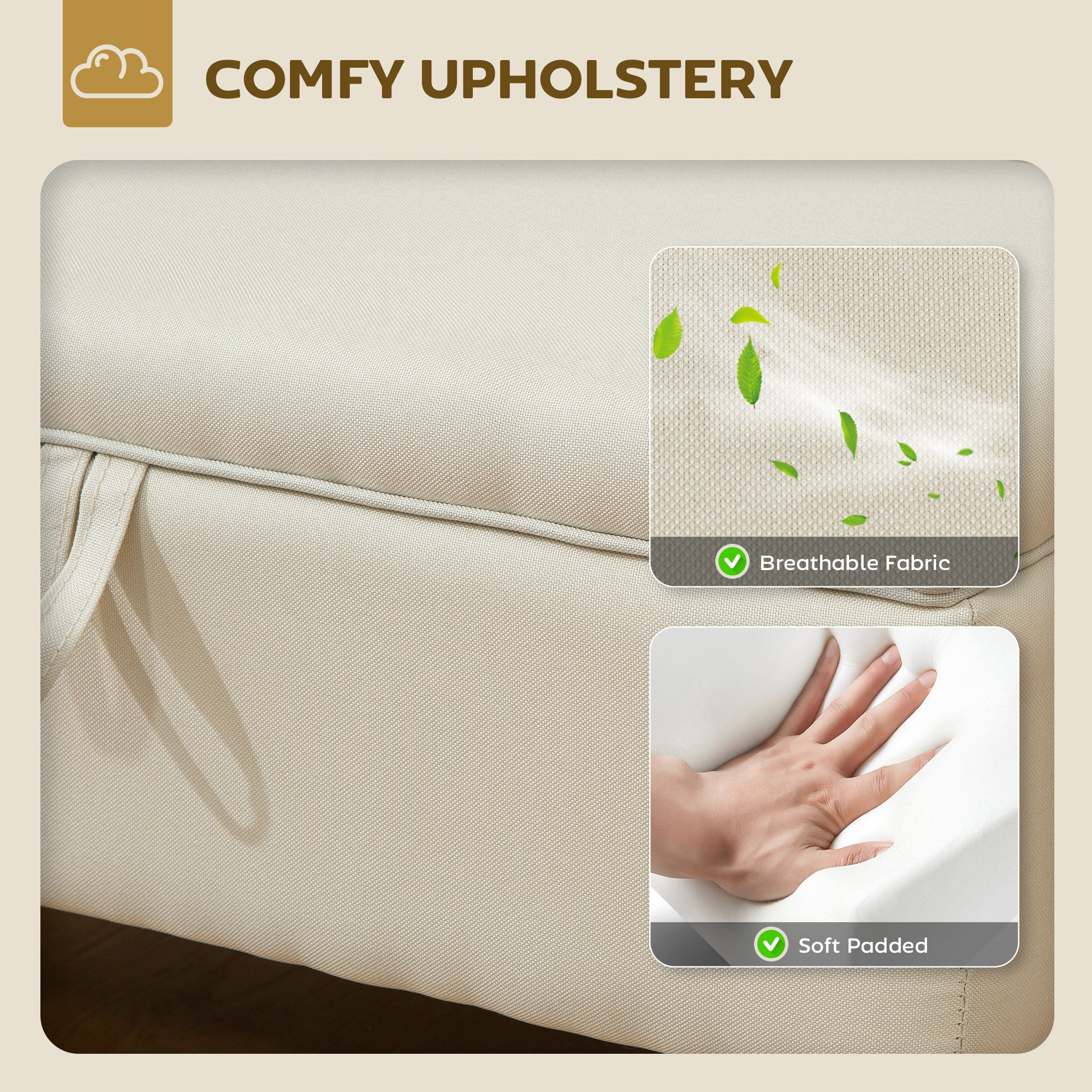 Kozy - 30L Linen Storage Ottoman Padded Footstool with Rubberwood Legs for Storage Box, Bed End, Shoe Bench, Seating, Beige