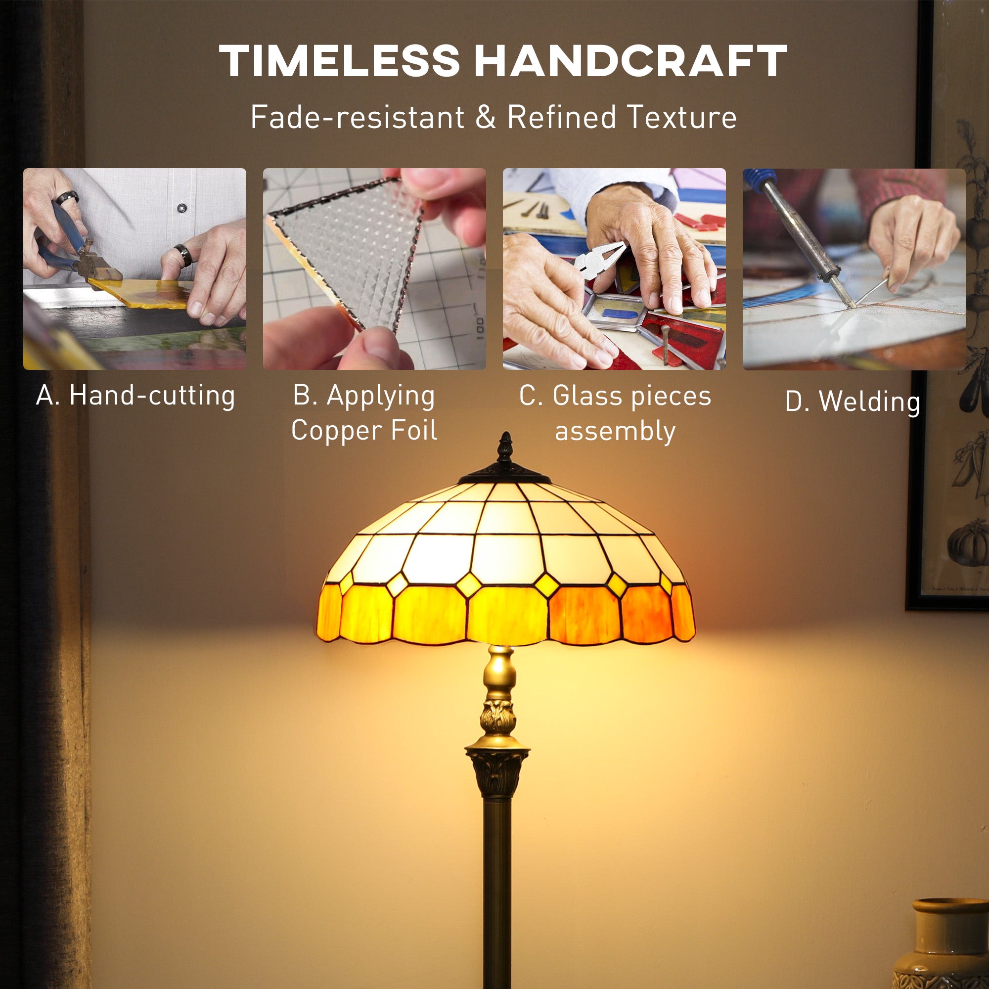 Kozy Tiffany-Style Floor Lamp with Handcrafted Stained Glass Shade, 152cm Tall Vintage Standing Lamp with Foot Switch and Dual Sockets for Living Room Bedroom, Bronze Tone and Orange