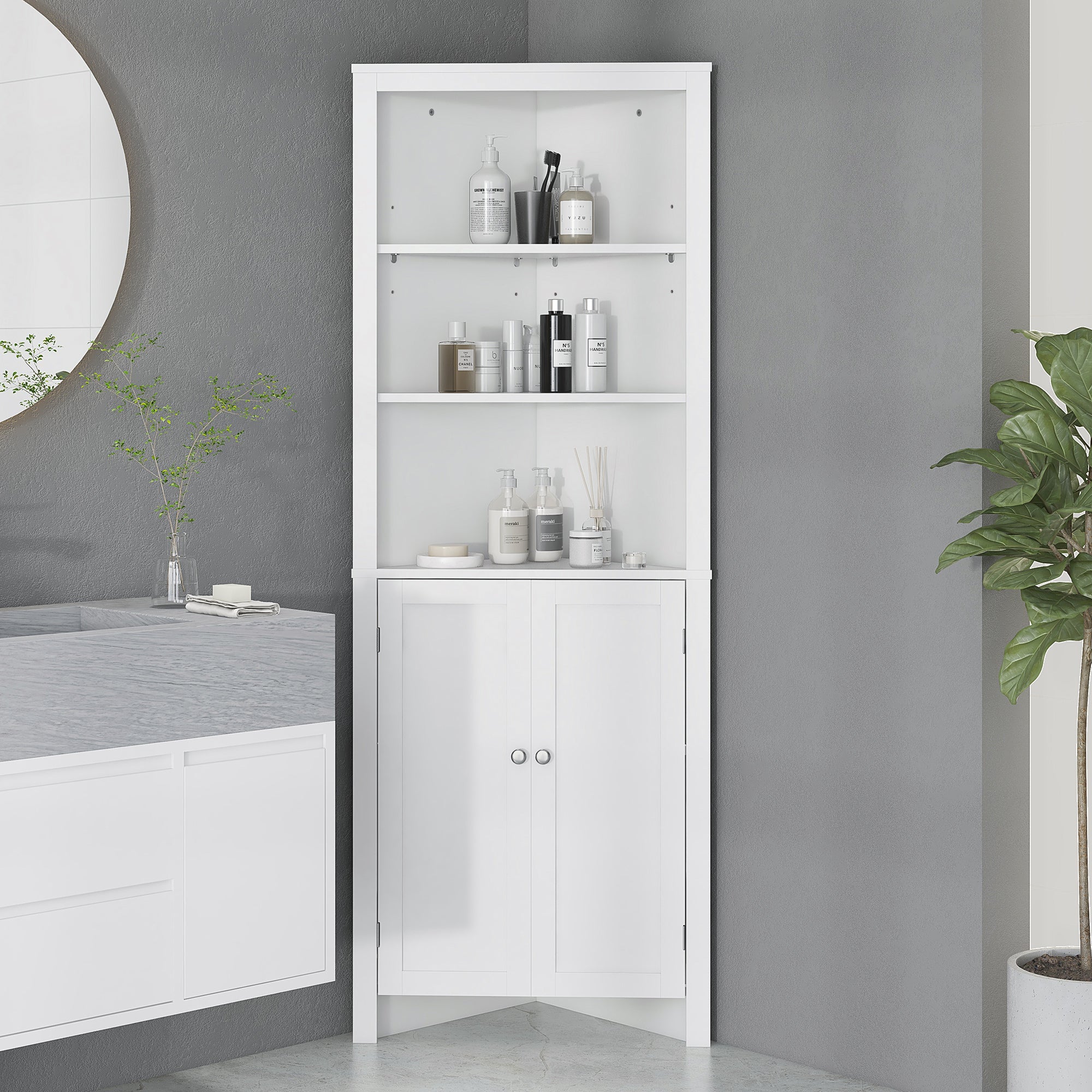 Kozy Triangle Bathroom Cabinet, Corner Bathroom Storage Unit with Cupboard and 3-Tier Shelves, Free Standing, White