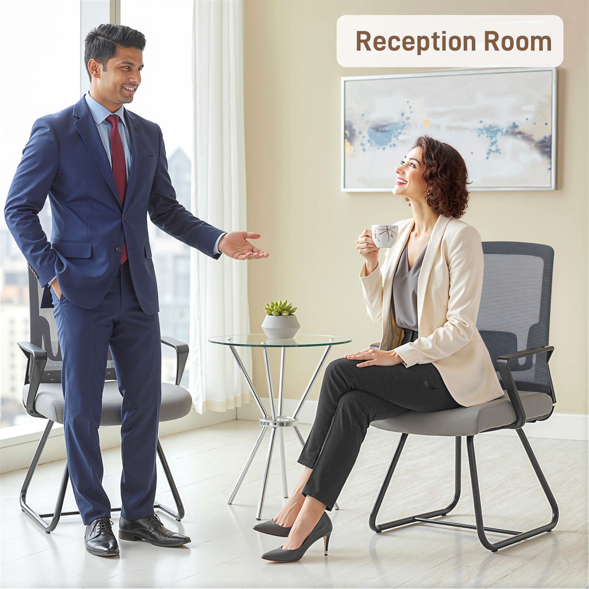 Kozy Desk Chair No Wheels, Office Chair with Mesh Back, Lumbar Support, Metal Base for Waiting Room, Conference Room, Dark Grey