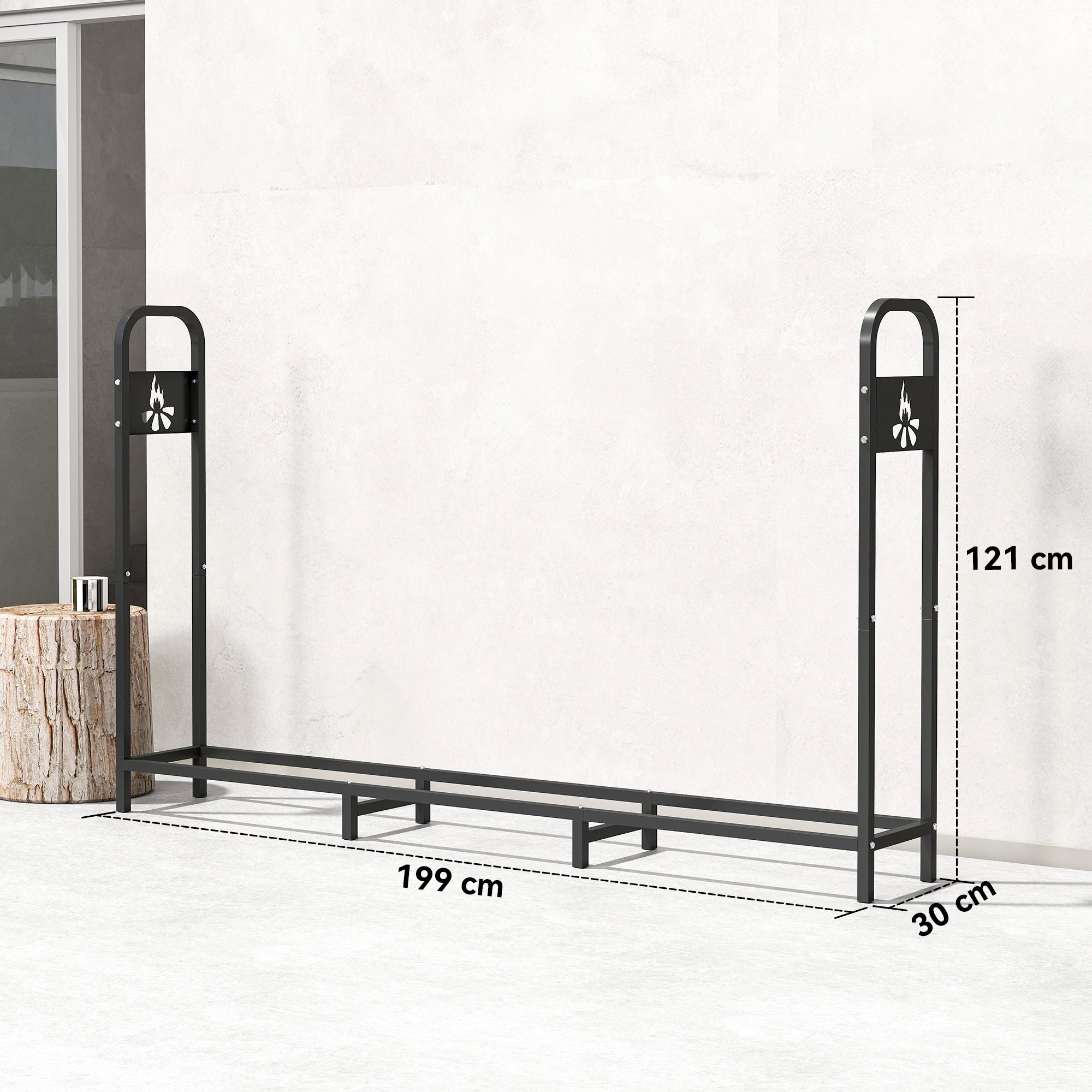 Kozy 6.5 FT Steel Firewood Log Rack with 300 kg Capacity, Heavy Duty Indoor Outdoor Fireplace Wood Storage Shelf, Log Holder/Stand with Extra Support Legs, Decorative Bonfire Pattern, Black