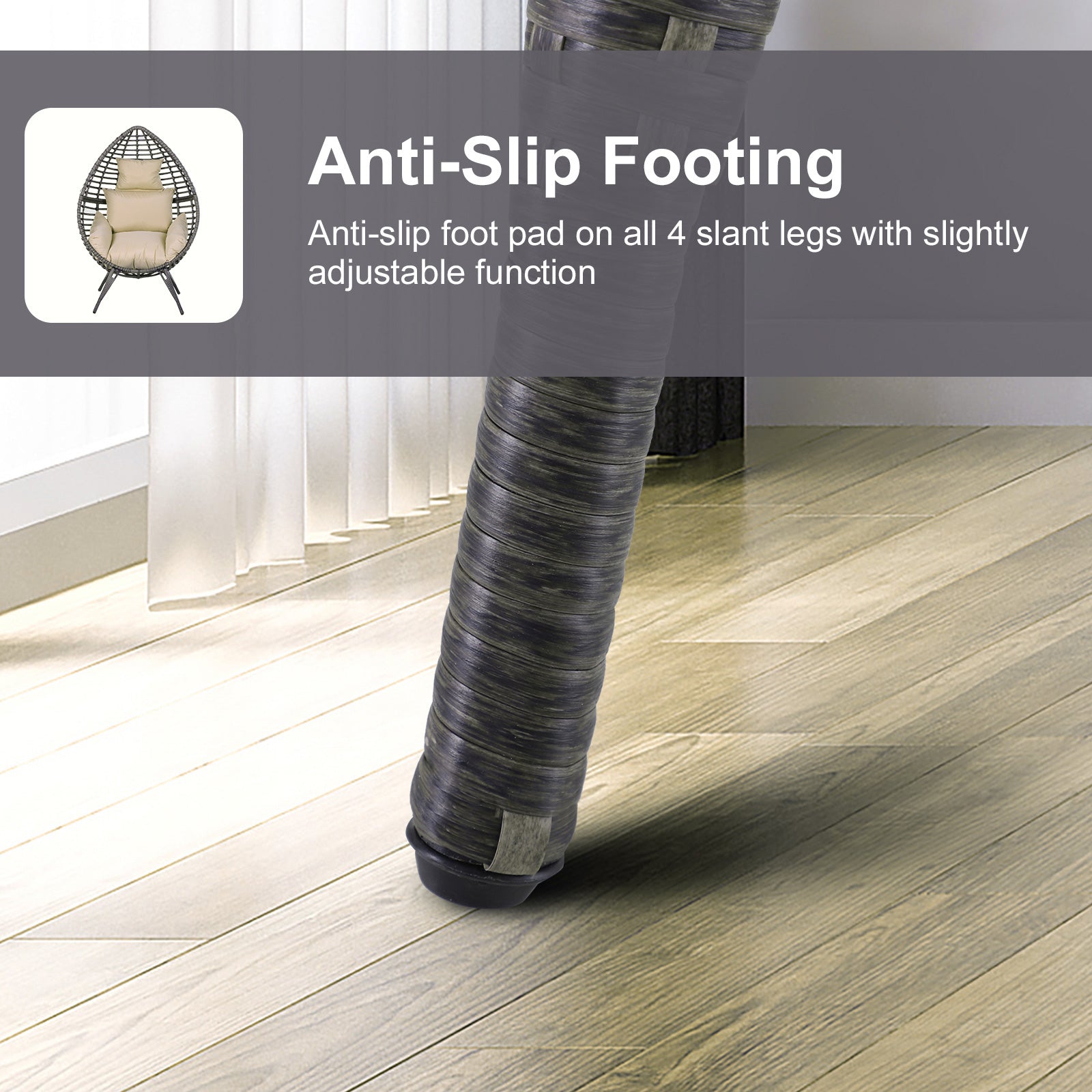 Kozy Garden Egg Chair, Teardrop Outdoor PE Rattan Chair with Full-body Soft Padded Cushion, Grey