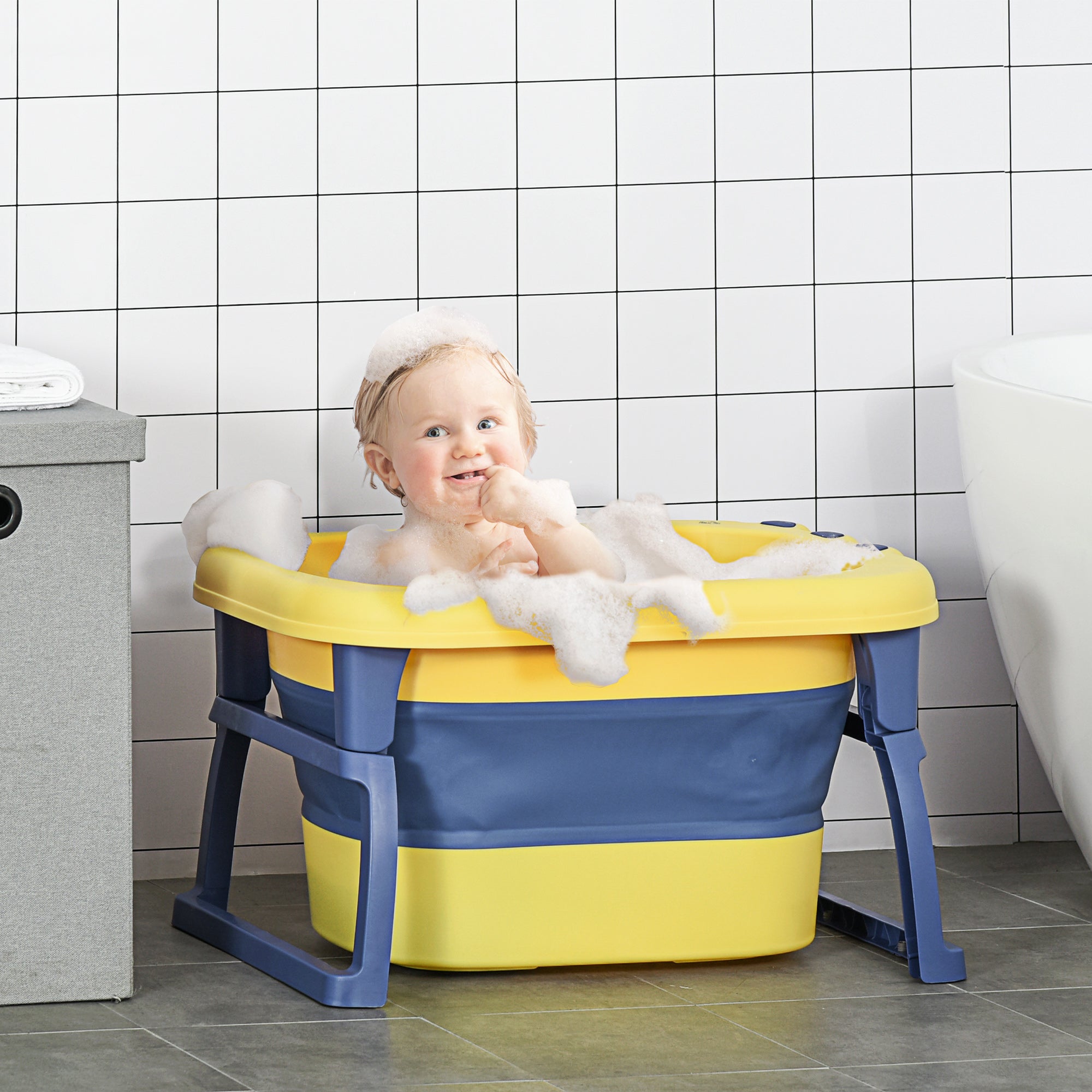 Kozy Baby Bathtub for 0-6 Years Collapsible Non-Slip Portable with Stool Seat for Newborns Infants Toddlers Kids - Yellow