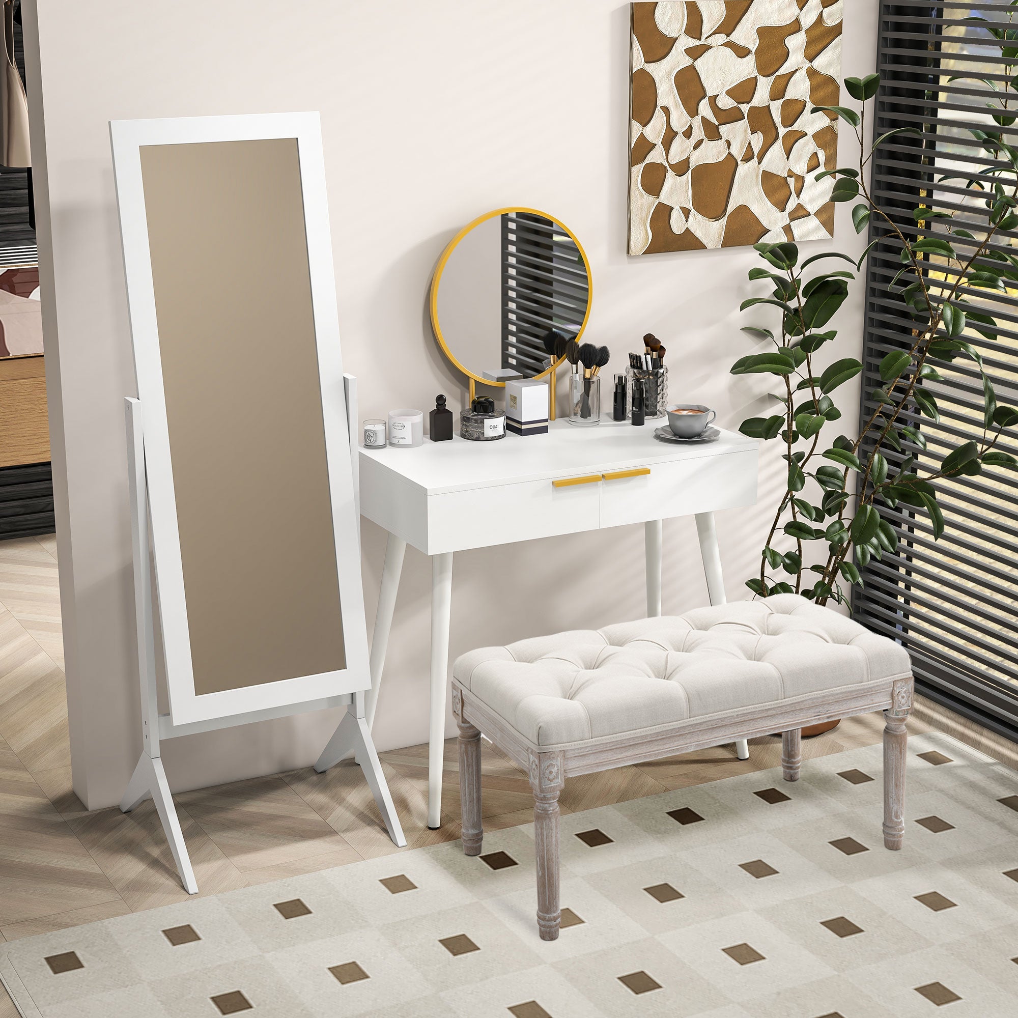 Kozy Elegant Dressing Table, with Round Mirror, 80 x 40 x 123 cm - White