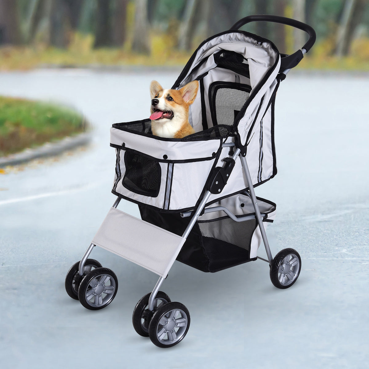 PawHut Pet Stroller for Dogs, Foldable Dog Pushchair with Wheels, Zipper Entry, Cup Holder, Storage Basket, Grey