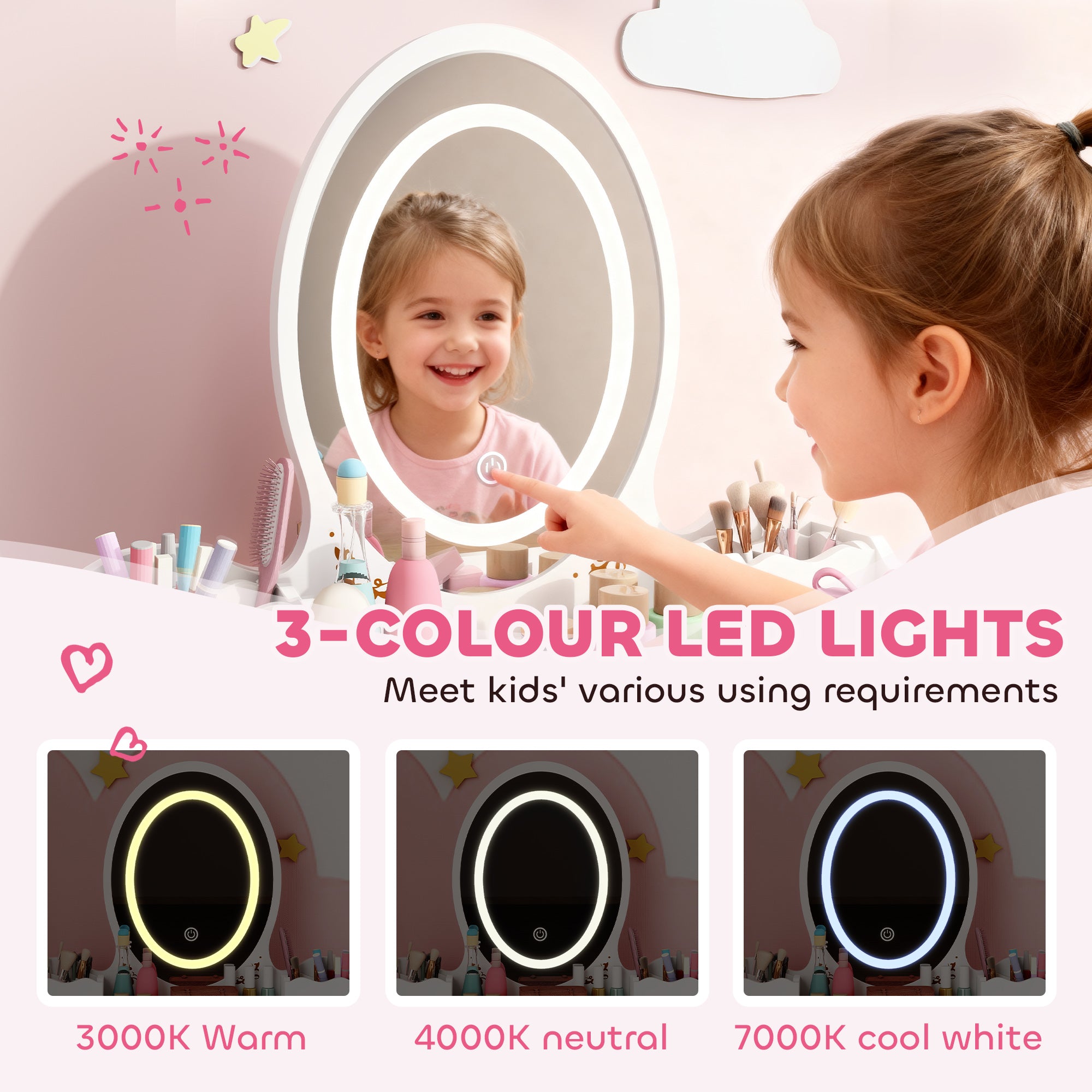 Kozy Kids Vanity Table and Chair Set with 3-Colour LED Lights Mirror, Drawer, Storage Boxes, for 3+ Years, White