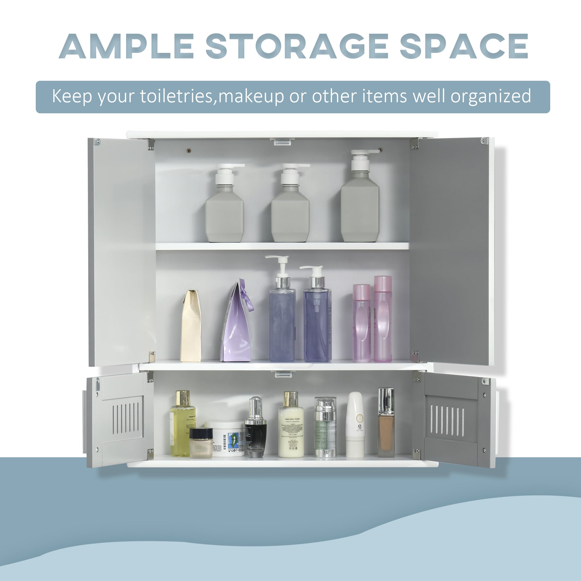 Kozy Bathroom Mirror Cabinet, Wall Mounted Storage Cupboard with Double Doors and Adjustable Shelf, Bathroom Organizer, Grey