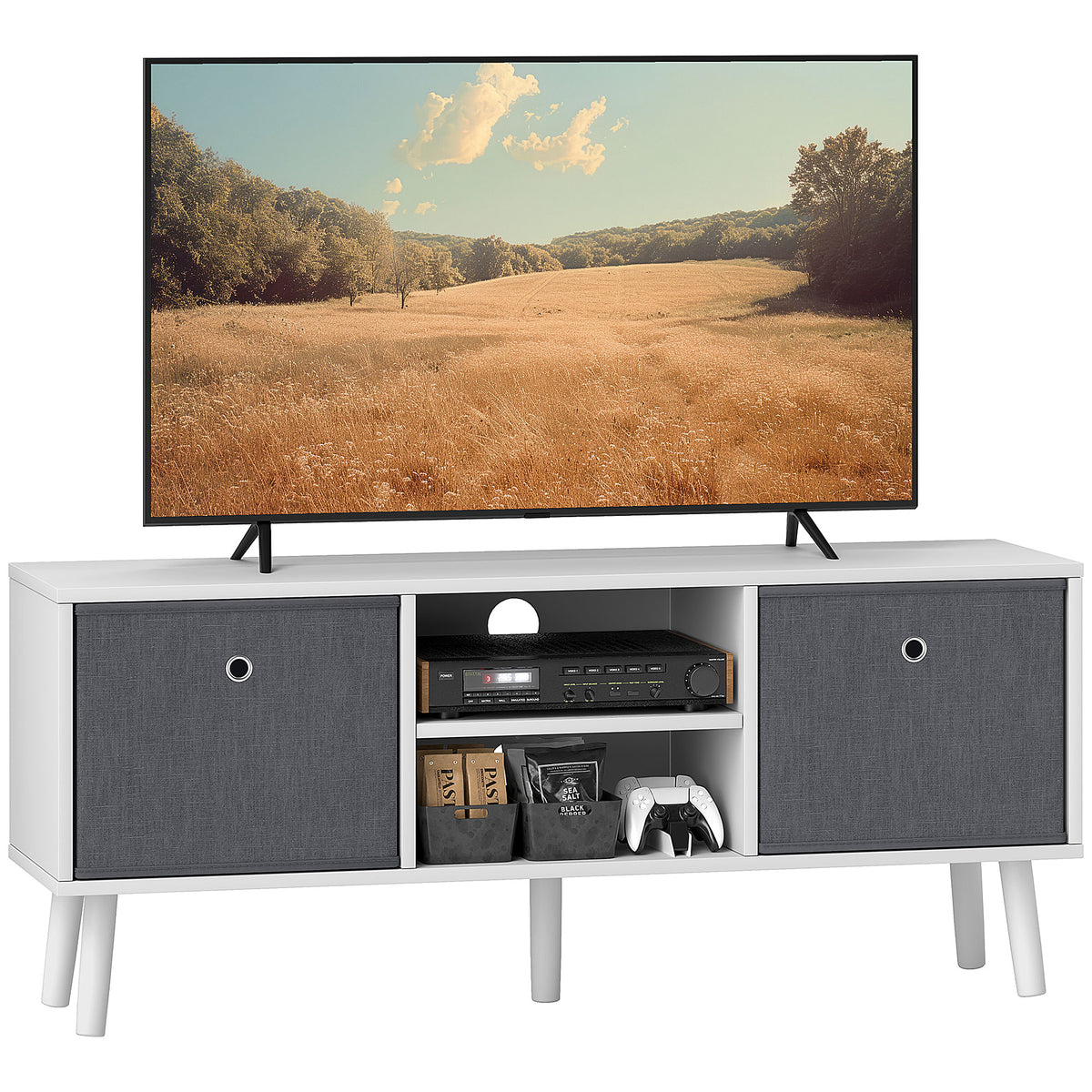Kozy TV Cabinet Stand Unit for TVs up to 50'' with Foldable Drawers, Entertainment Centre for Living Room White