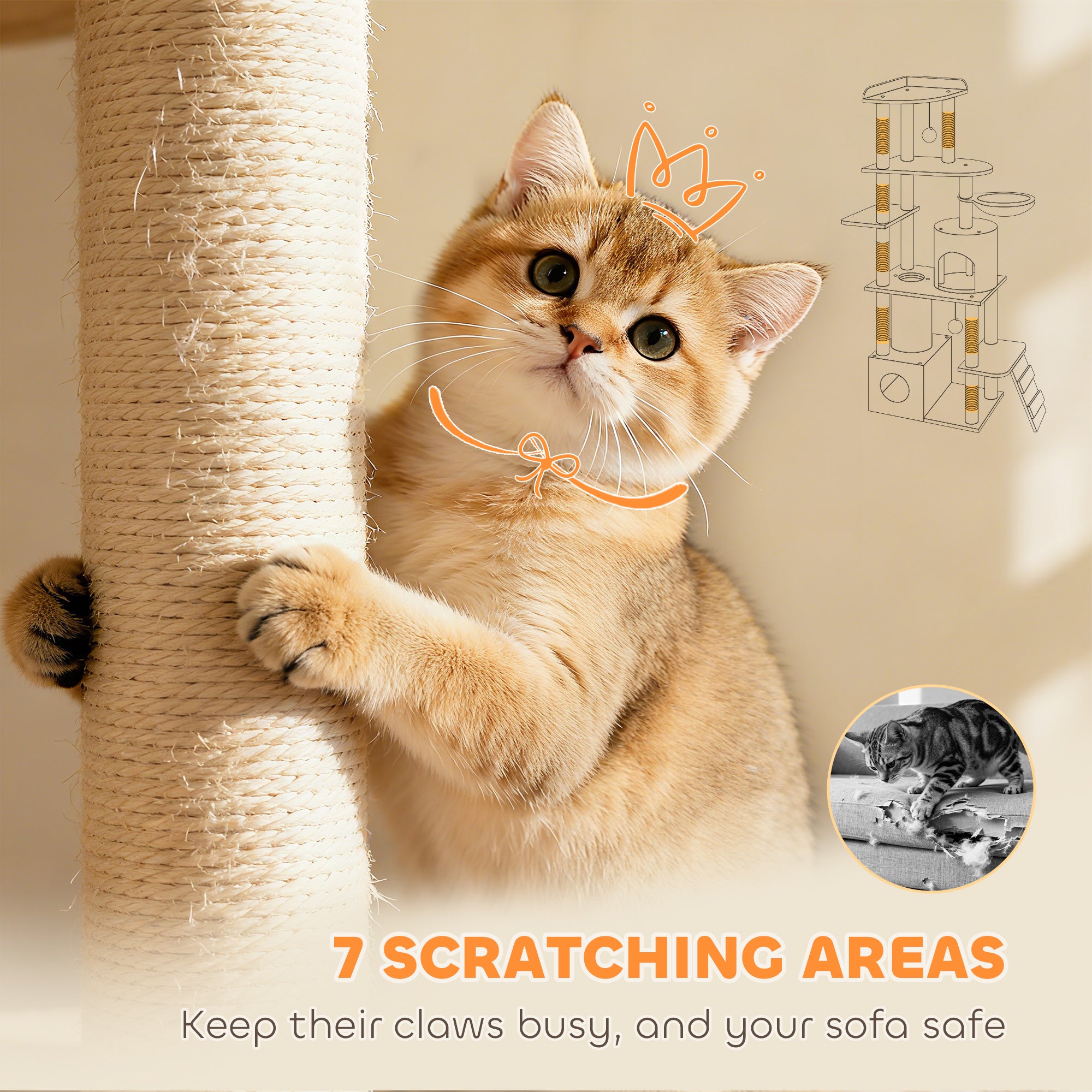 Kozy 170 cm Large Cat Tree, Cat Tower with 7 Scratching Posts, Tunnel, 2 Condos, Hammock, Perch, Ramp, Pompoms, Light Grey