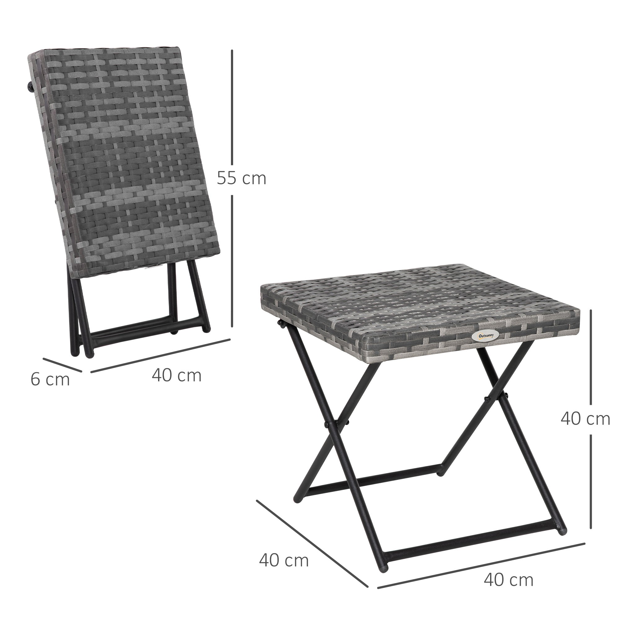 Kozy Square PE Wicker Rattan Folding Table,Weather Resistant Wicker Weave Side Table with Steel Frame, Grey