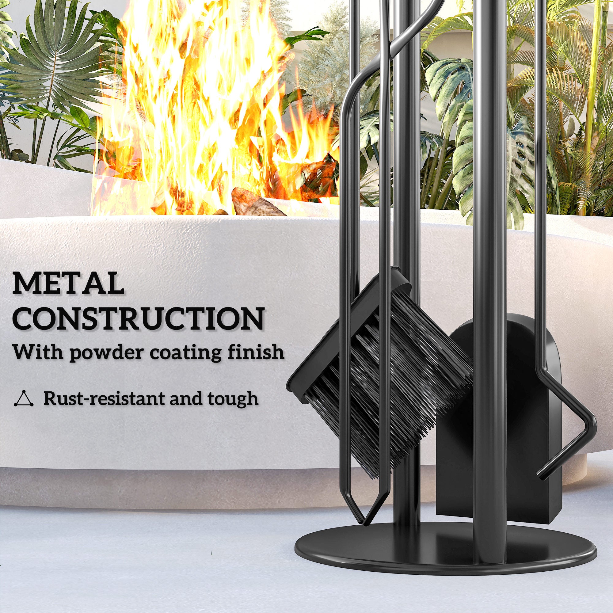 Kozy - 5 Pieces Fireplace Tools Set, Metal Fireplace Accessories Fireside Companion Set with Broom, Shovel, Poker and Bucket, Silver