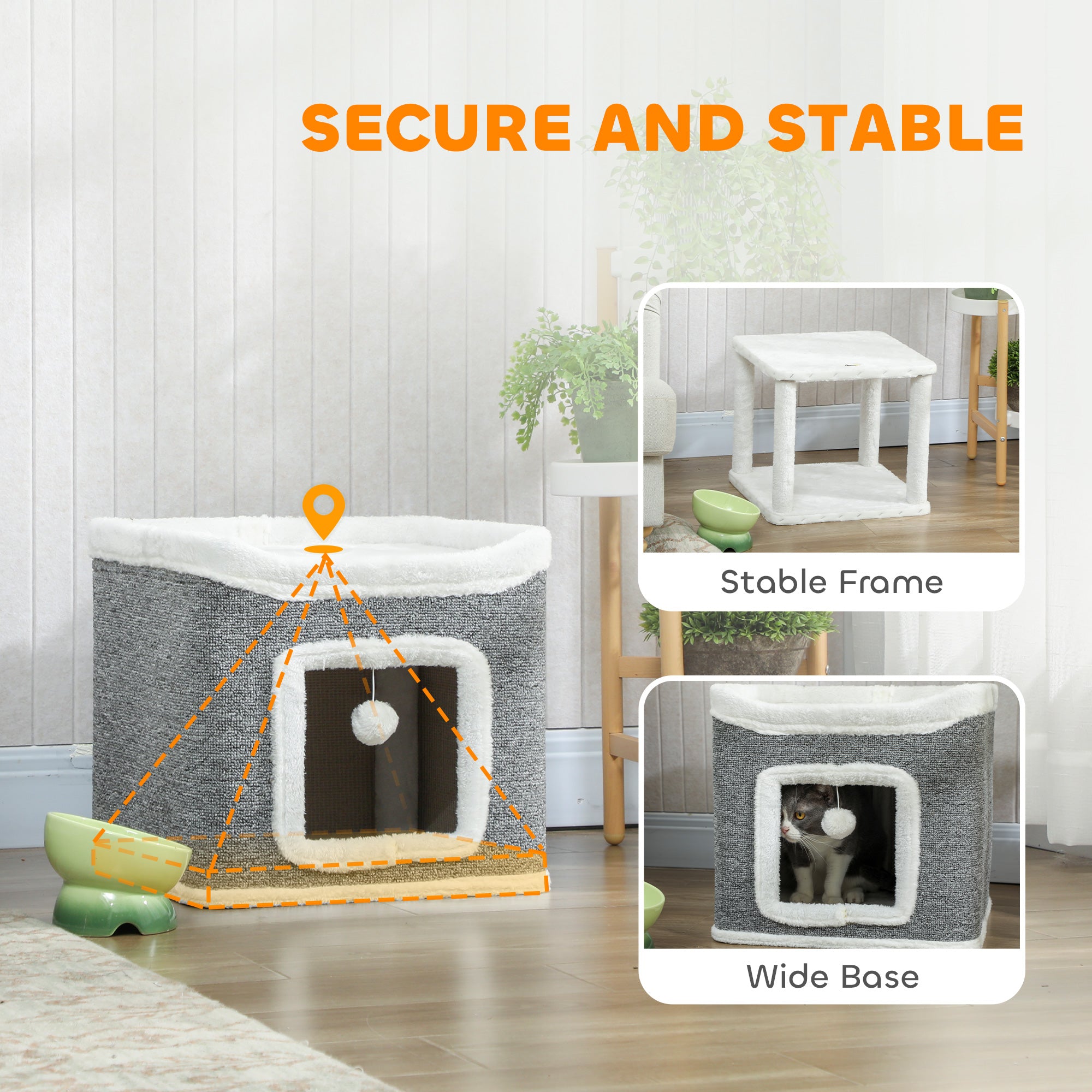 Kozy Cat House for Indoor Kittens, 2-Level Cat Cave Bed with Fluffy Balls, Top Bed, Kitten Barrel for Multi Kitties, Grey