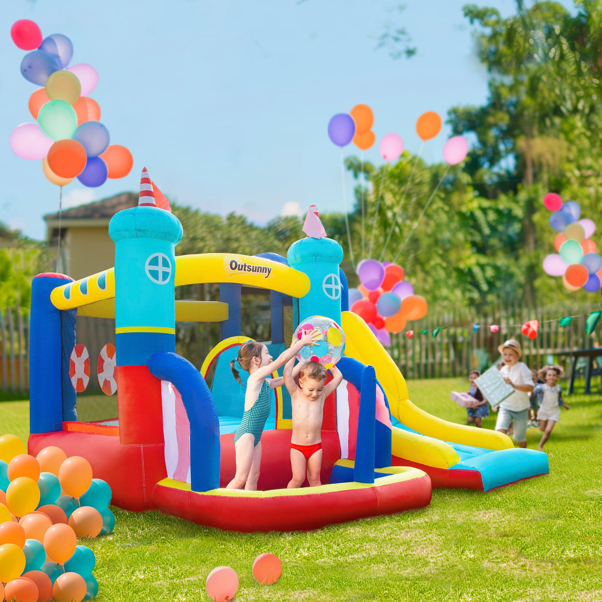Kozy - 4 in 1 Kids Bouncy Castle Large Sailboat Style Inflatable House Slide Trampoline Water Pool Climbing Wall with Blower Carrybag for Kids Age 3-8, 2.65 x 2.6 x 2m