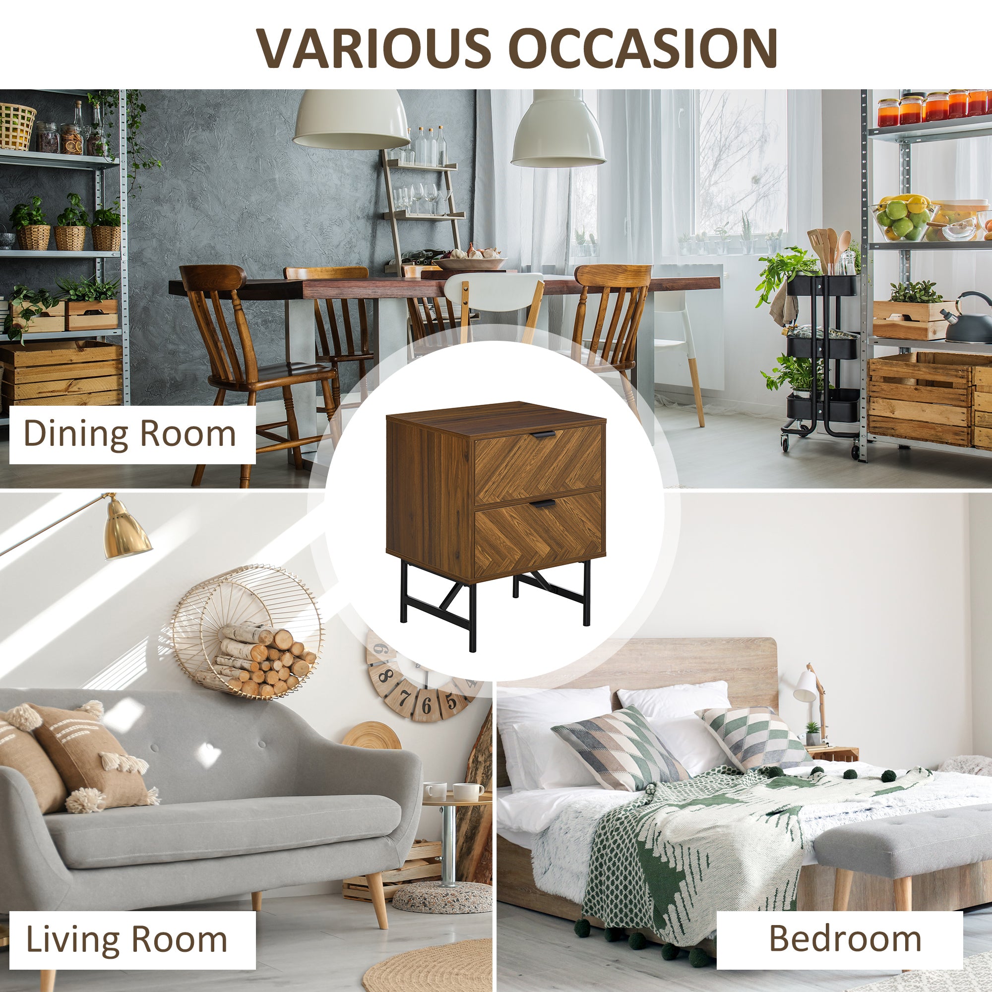 Kozy Bedside Table with Two Drawers, Side Cabinet Storage Unit with Metal Handles, Organisation Furniture for Living Room, Bedroom, Walnut Brown