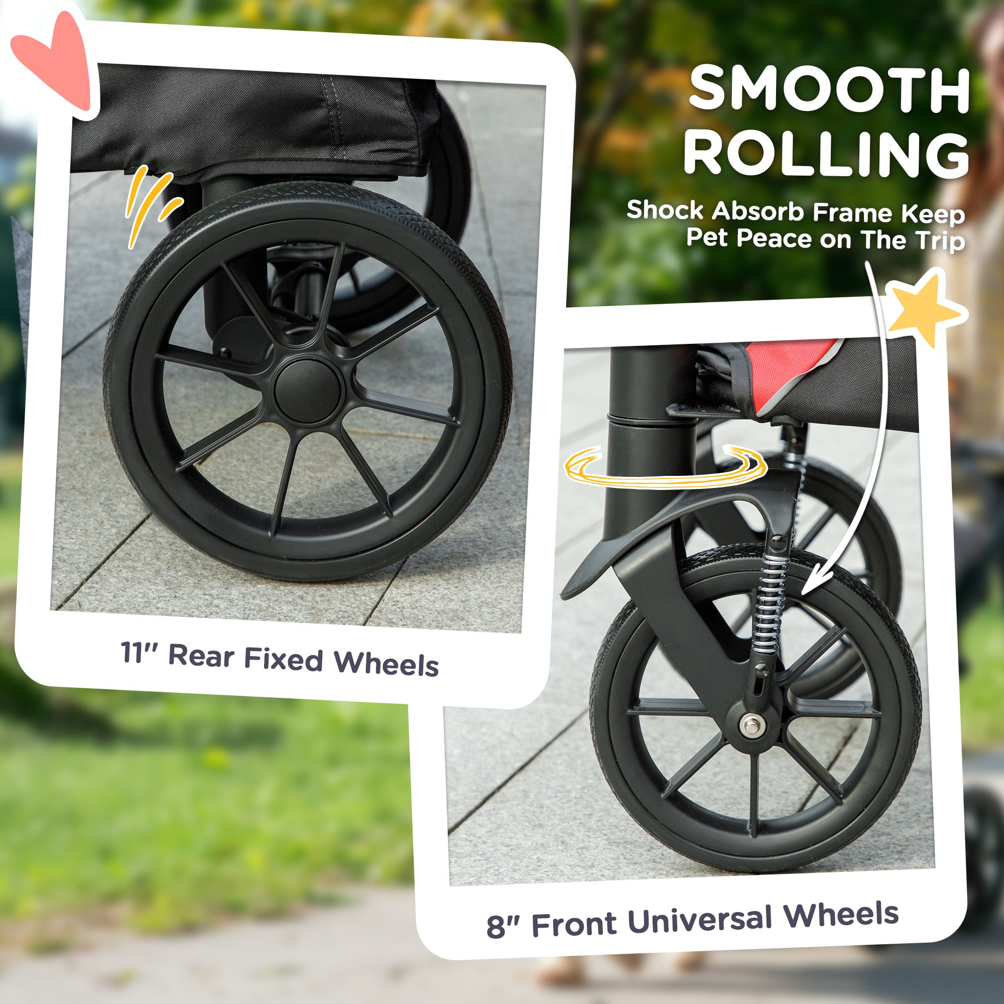 Kozy - Foldable Pet Stroller for Large Dogs with Four Big Wheels, Shock-Absorbing Frame, Safety Leashes, Brakes, Red/Black