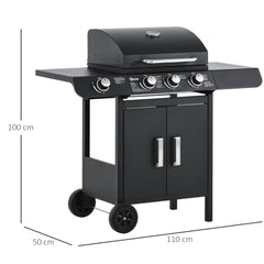 Kozy 3+1 Burner Gas BBQ Grill, Outdoor Barbecue Trolley with Wheels, Warming Rack, Side Shelves, Cabinet, Thermometer for Garden, Party, Camping, 110L x 50W x 100Hcm, Black