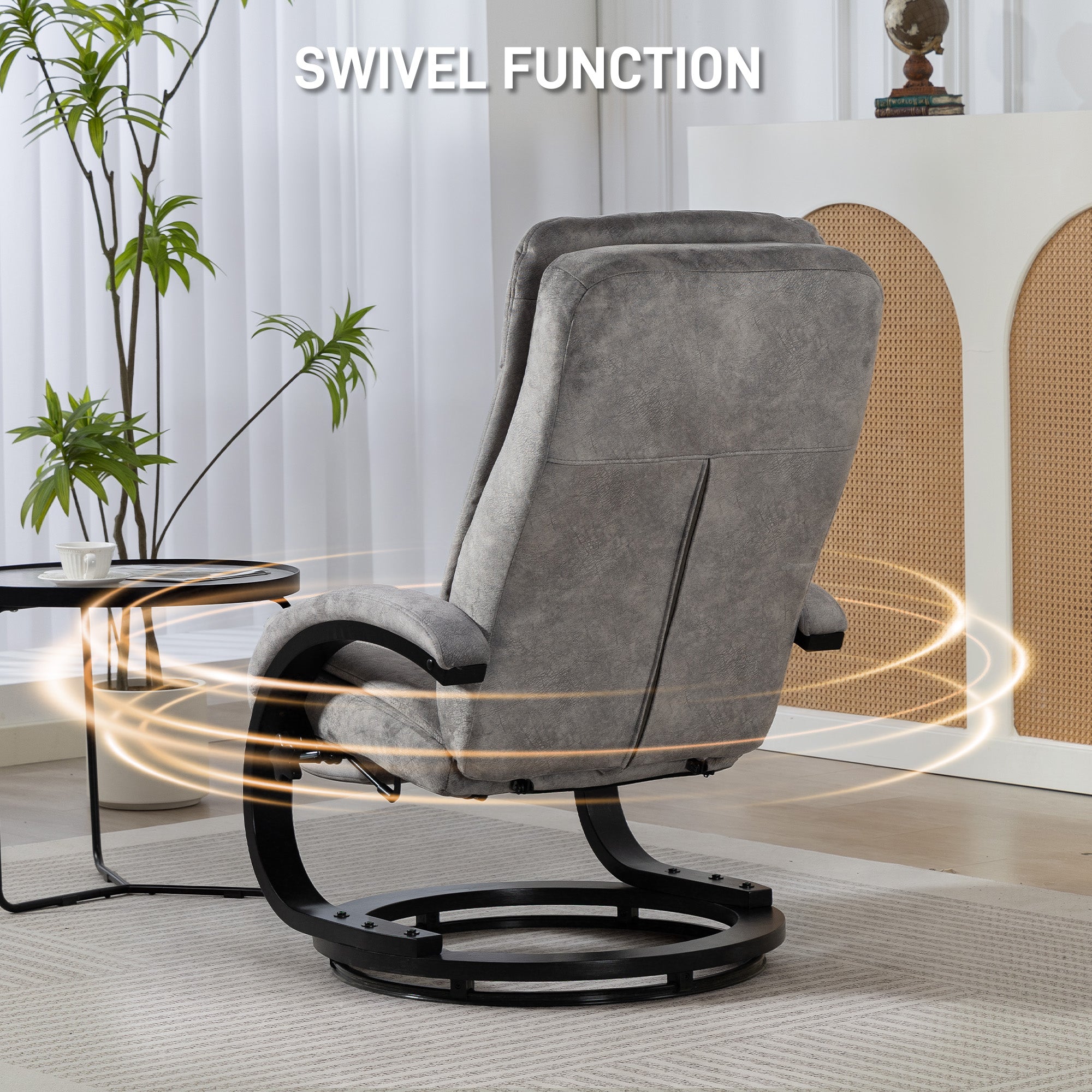 Kozy Swivel Recliner Chair with Footrest, Manual Recliner Armchair with Wooden Base, Plush Velvet Upholstered Reclining Chair for Living Room, Bedroom, Office, Grey