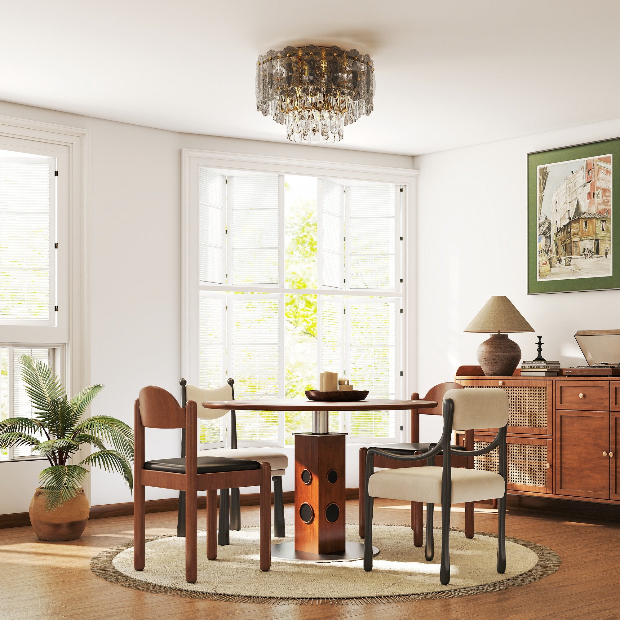 Kozy Chandelier Ceiling Light, 3-Light Vintage Flush Mount Fixture with Dual Crystal and Smoke Glass Shade, LED Ceiling Light for Living Room Bedroom, 3 E27 Sockets, Bulbs Not Included, Gold Tone