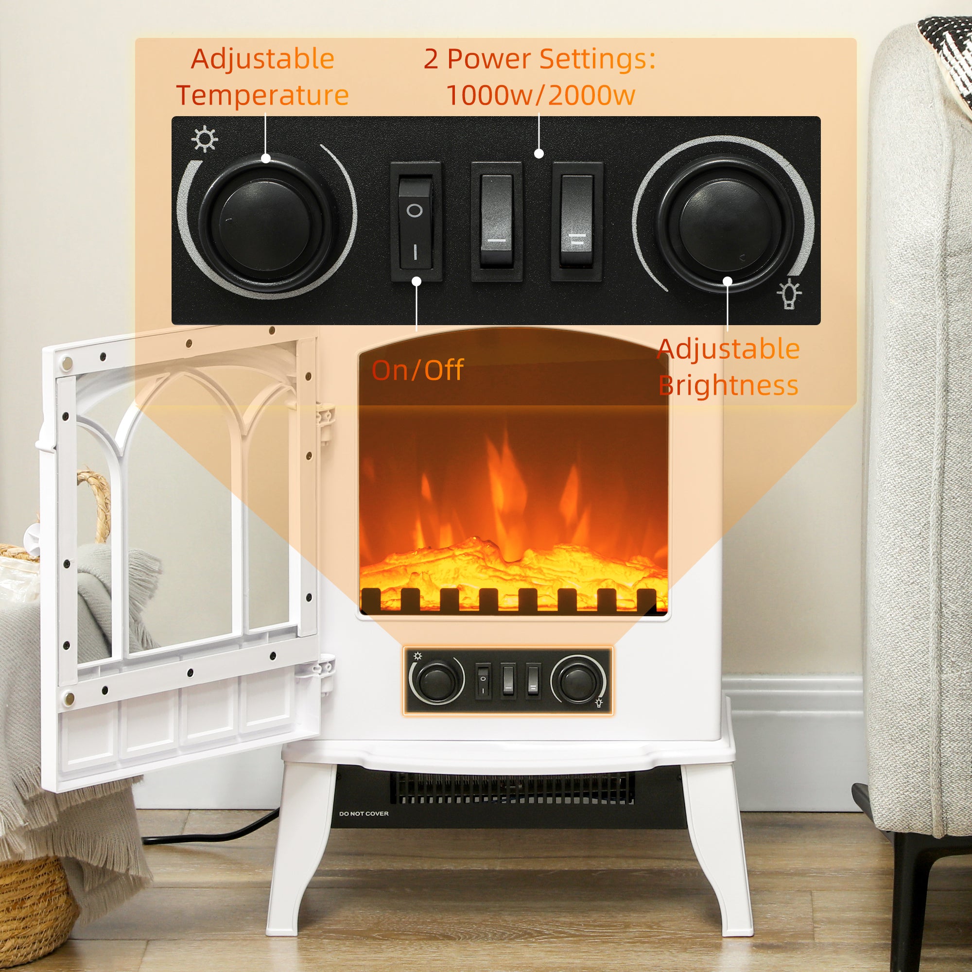 Kozy - Freestanding Electric Fireplace, Electric Log Burner with LED Flame Effect, Overheating Safety System, 1000W/2000W White