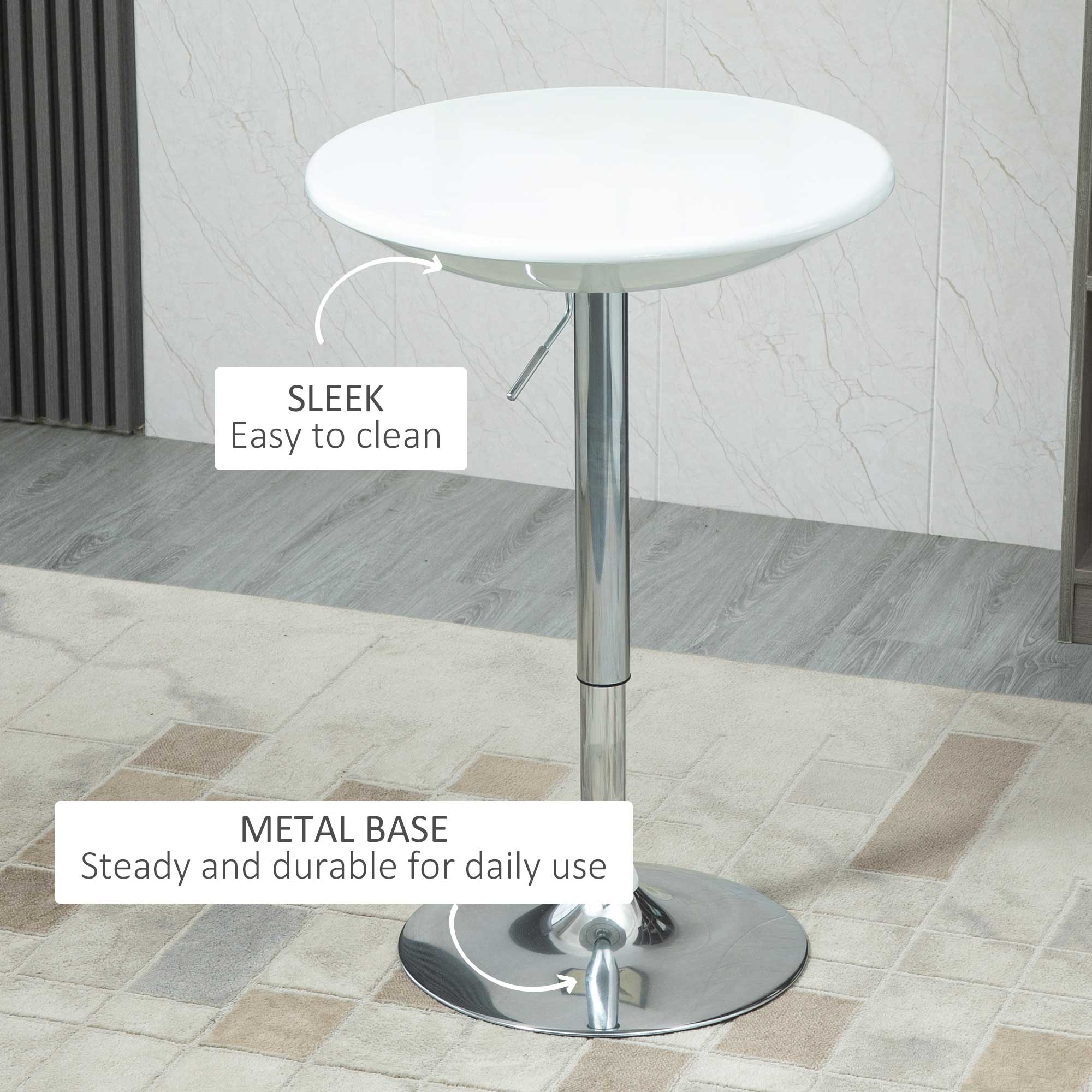 Kozy Modern Round Bar Table Adjustable Height Home Pub Bistro Desk Swivel Painted Top with Silver Steel Leg and Base, White