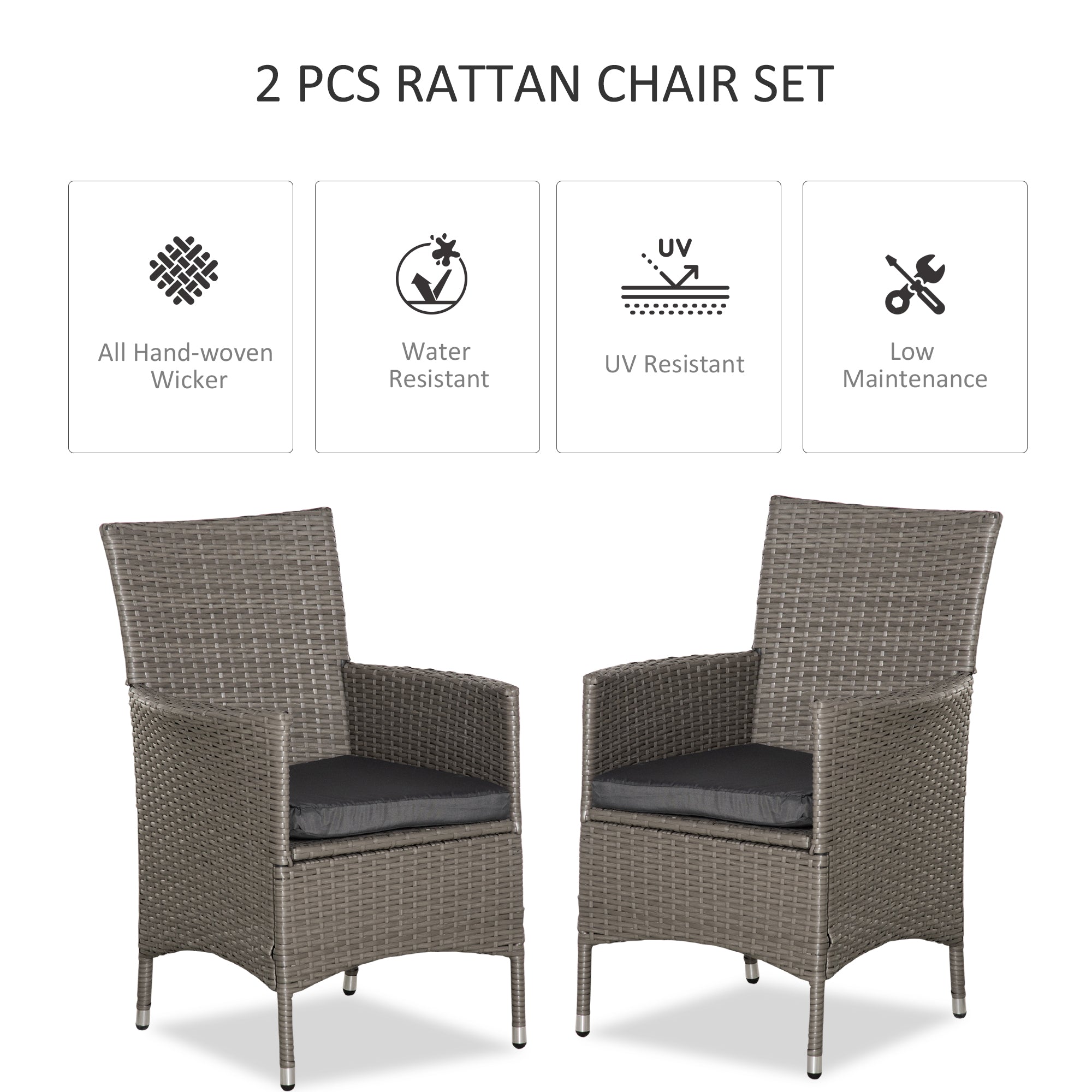 Kozy 2 Pieces Outdoor PE Rattan Dining Chairs Set with Cushion, Garden Armchair with Armrests, High Backrest, Metal Frame Patio Wicker Furniture, Grey