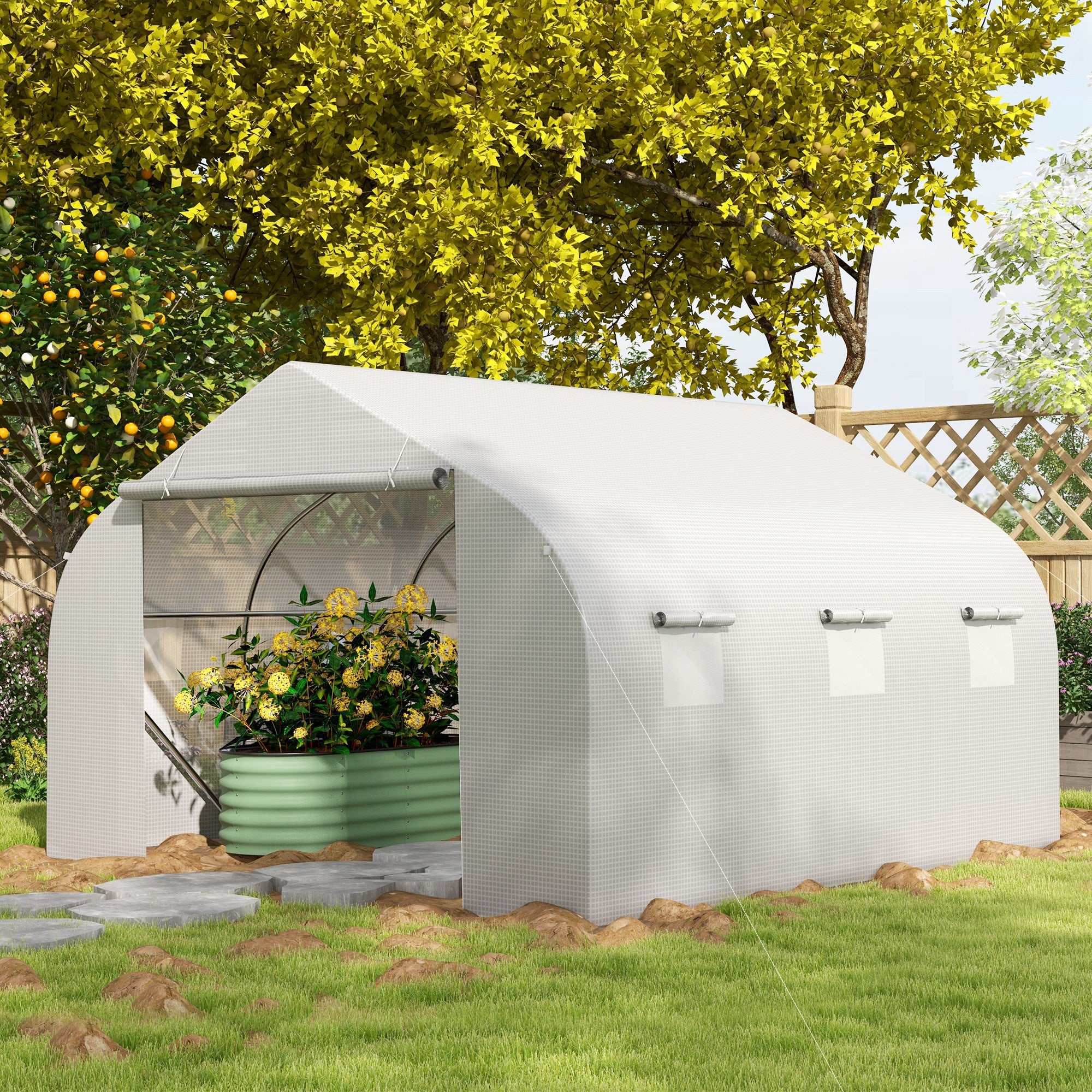 Kozy Walk-In Polytunnel Greenhouse Warm House Garden Tunnel Shelter Plant Shed with Door and Windows, Galvanised Steel Frame, 3.5 x 3 x 2m, White