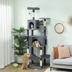 Kozy - 202cm Large Cat Tree with 6 Scratching Posts, 2 Hammocks, 2 Condos, 2 Perches, Pompoms, for Indoor Cats to Rest and Play