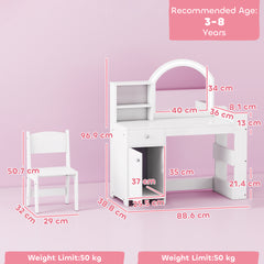 AIYAPLAY Kids Vanity Table and Chair Set, Girls Dressing Table with 2-Colour LED Mirror, Stool, Cabinet, Drawer, Shelves, White