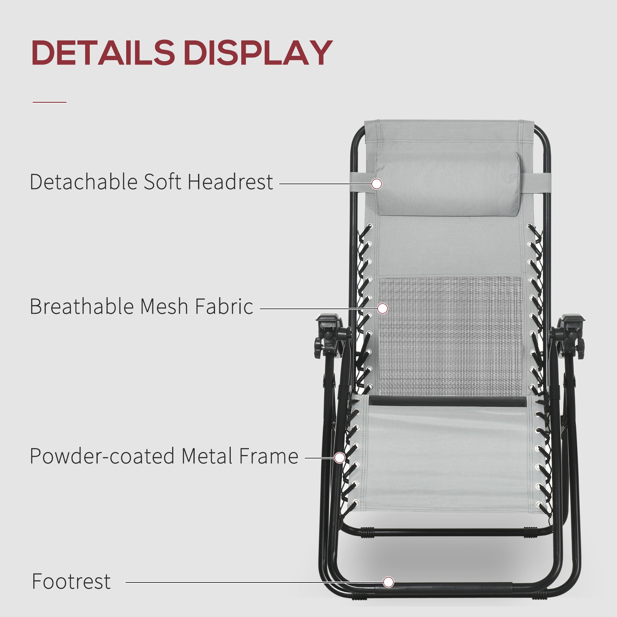 Kozy Garden Recliner Chairs Set of 2, Outdoor Foldable Zero Gravity Chairs Set w/ Footstool and Detachable Headrest, Grey