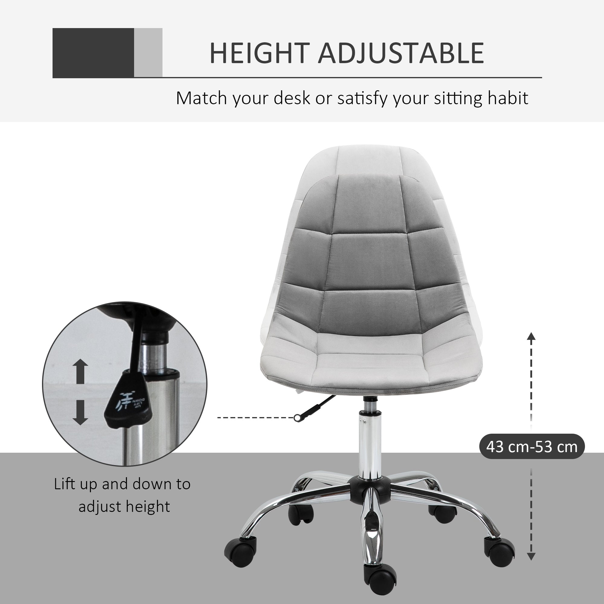 Kozy Ergonomic Office Chair with Adjustable Height and Wheels Velvet Executive Chair Armless for Home Study Bedroom Grey
