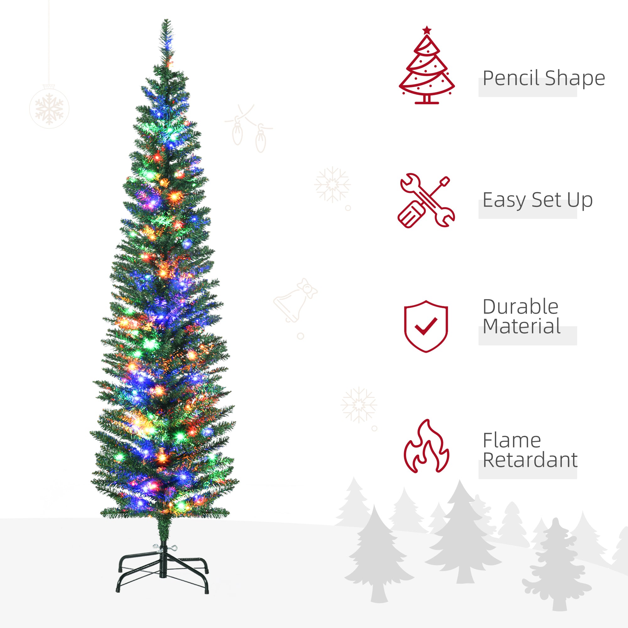 Kozy - 6' Artificial Prelit Christmas Trees Holiday Décor with Colourful LED Lights, Pencil Shape, Steel Base