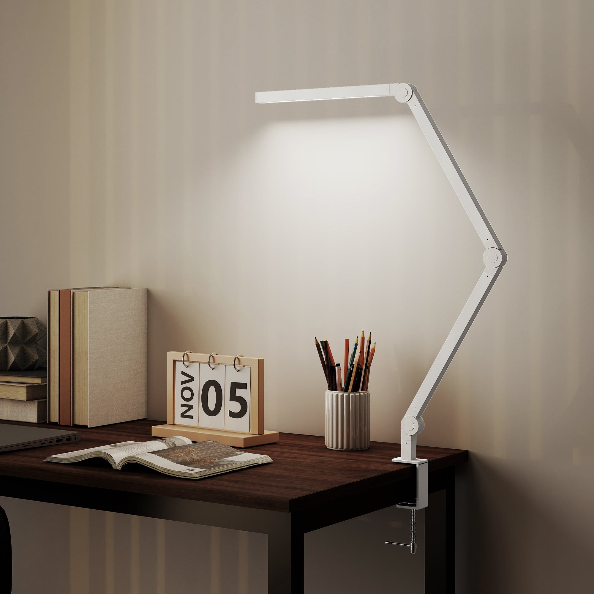 Kozy LED Desk Lamp, Dimmable Desk Light with Swing Arm and Clamp, Adjustable Eye-Caring Table Lamp with 2 Colour Modes & 5 Brightness Levels for Study, Drawing, Office, Architect, Task, White