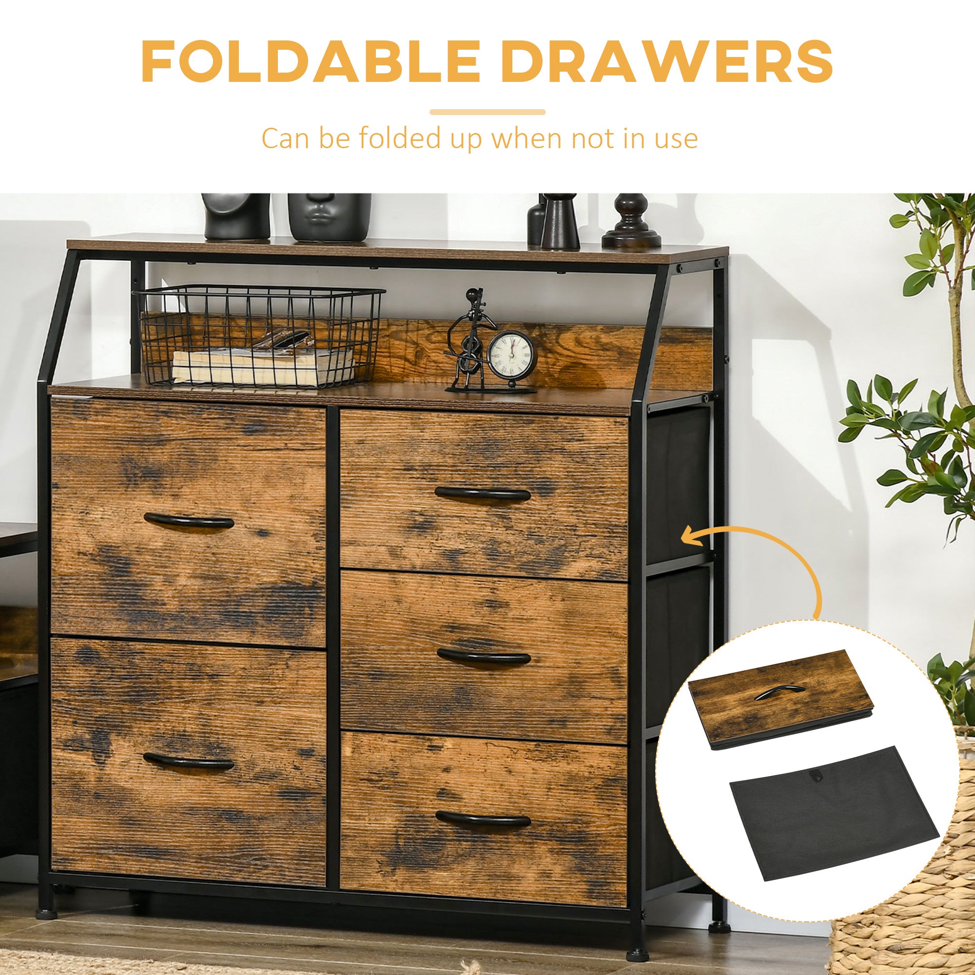 Kozy Bedroom Chest of Drawers, Industrial 5 Fabric Drawer Dresser with Open Shelf for Living Room, Rustic Brown