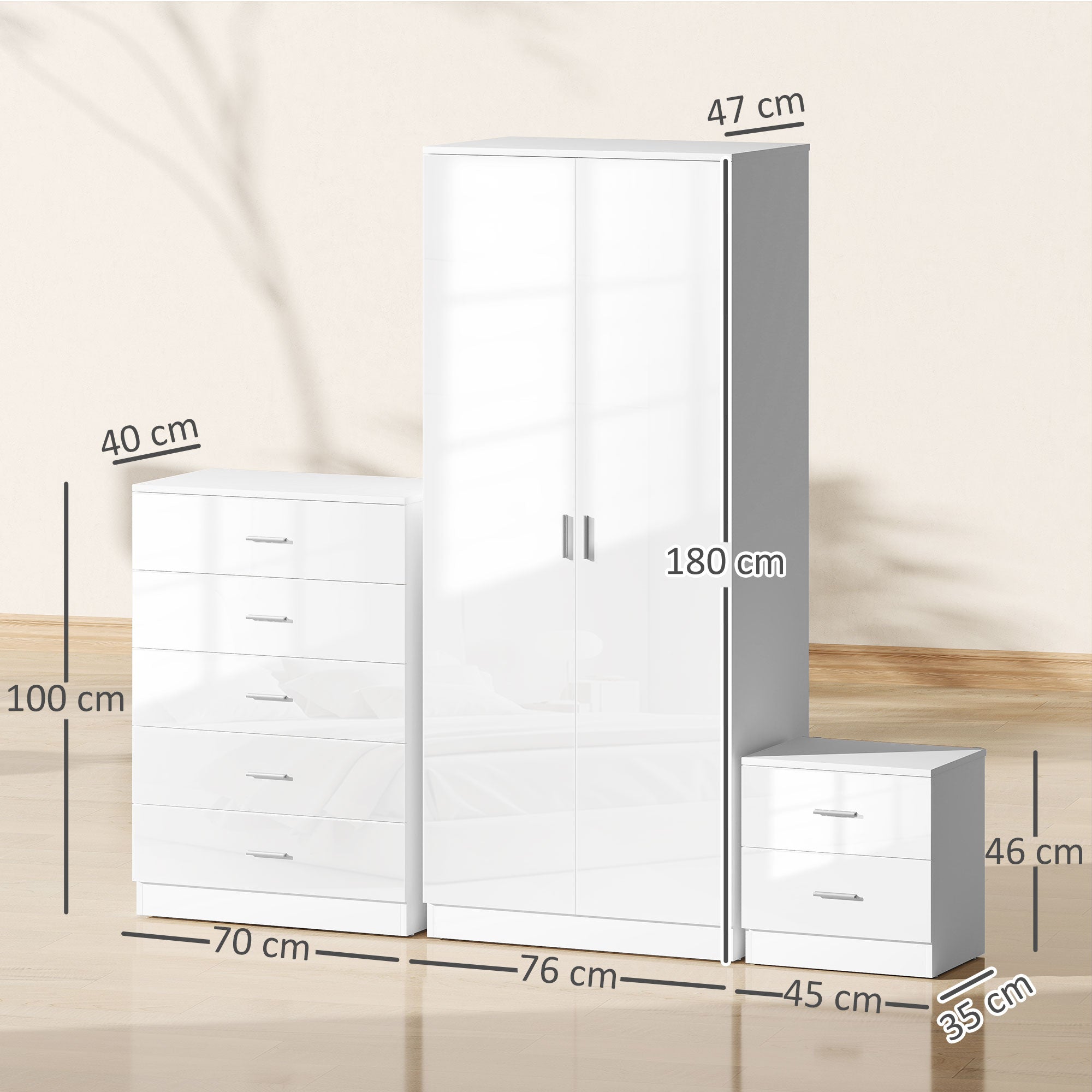 Kozy High Gloss 3 Piece Trio Bedroom Furniture Set Wardrobe + Chest Of Drawer + Bedside White
