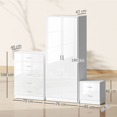 Kozy High Gloss 3 Piece Trio Bedroom Furniture Set Wardrobe + Chest Of Drawer + Bedside White