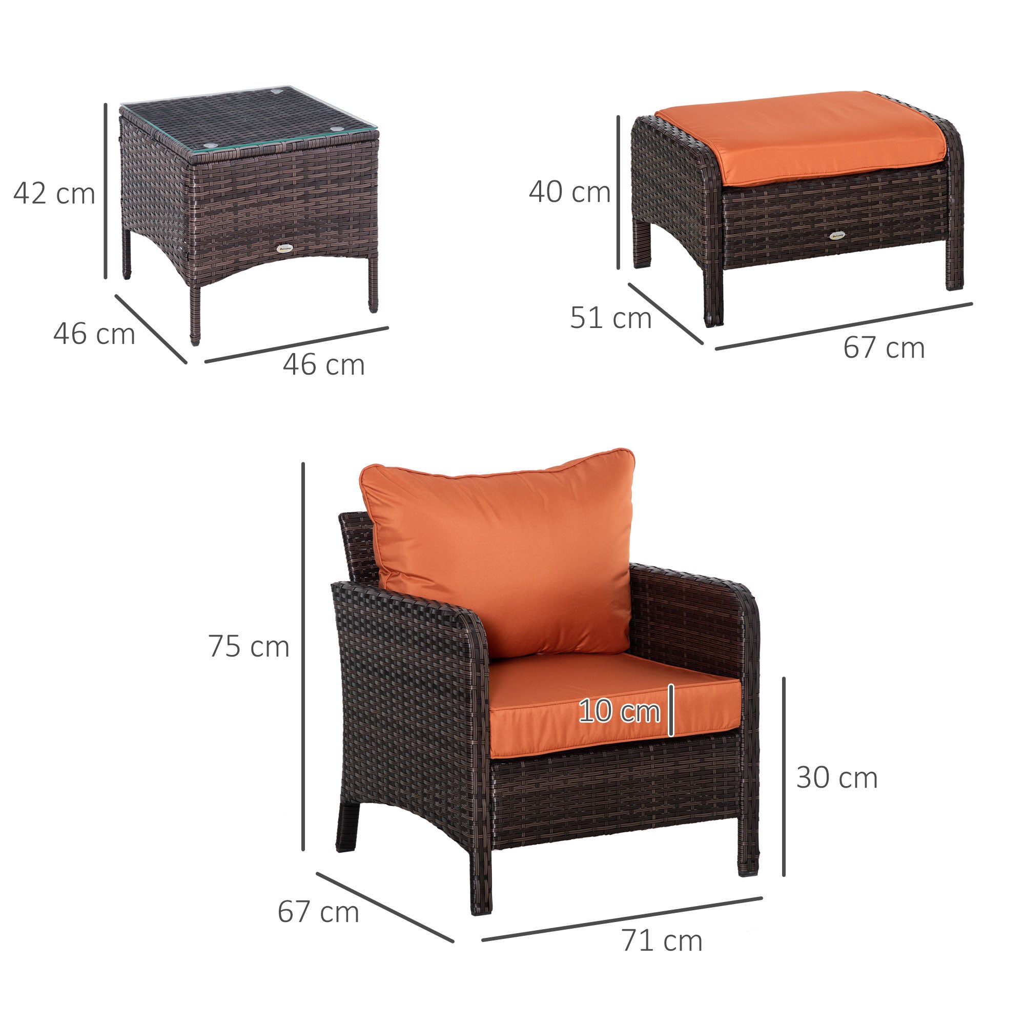 Kozy 5 Pieces PE Rattan Garden Furniture Set with 10cm Thick Padded Cushions, Wicker Weave Outdoor Seating Chairs with 2 Armchairs, 2 Stools, Glass Top Table, Brown