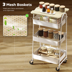 Kozy - 3-Tier Kitchen Storage Trolley with on Wheels Cover Top Board - White and Oak