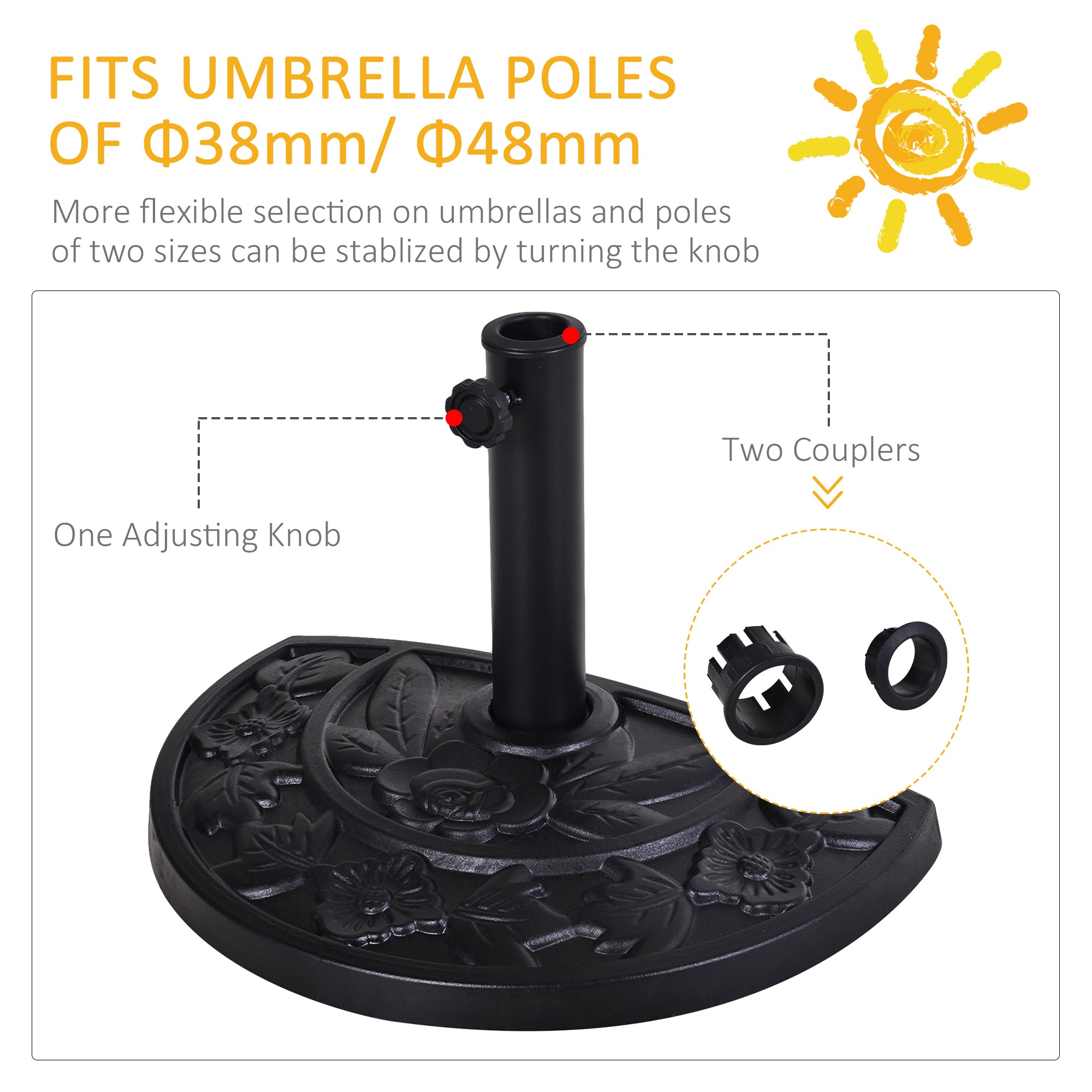 Kozy 9kg Resin Parasol Base, Half Round Umbrella Stand with Floral Design for Garden, Outdoor, Suitable Umbrella Rod: 3.8cm, 4.8cm, Black