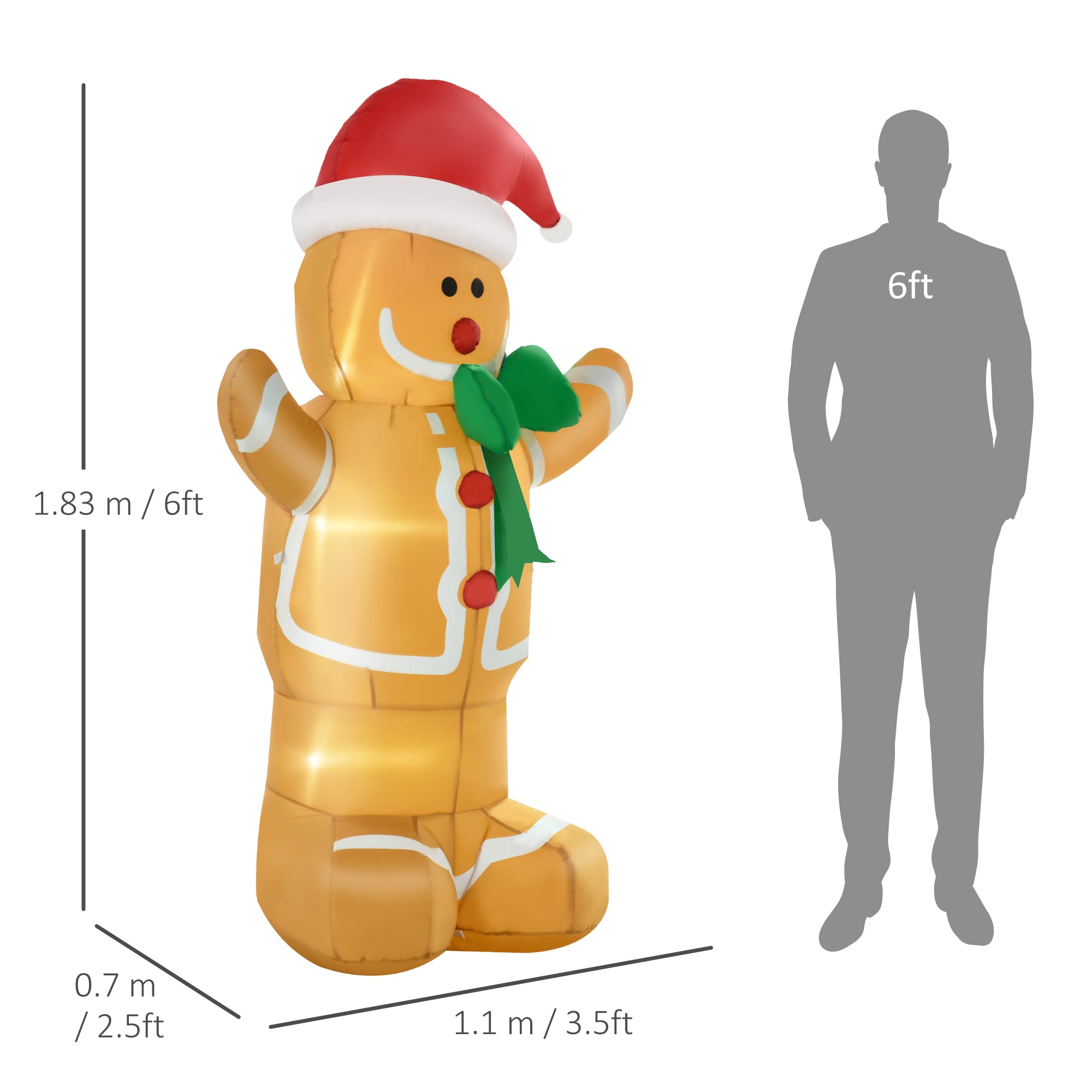 Kozy 6ft Christmas Inflatable Gingerbread Man & Santa Hat Safe Outdoor Decoration w/ Accessories