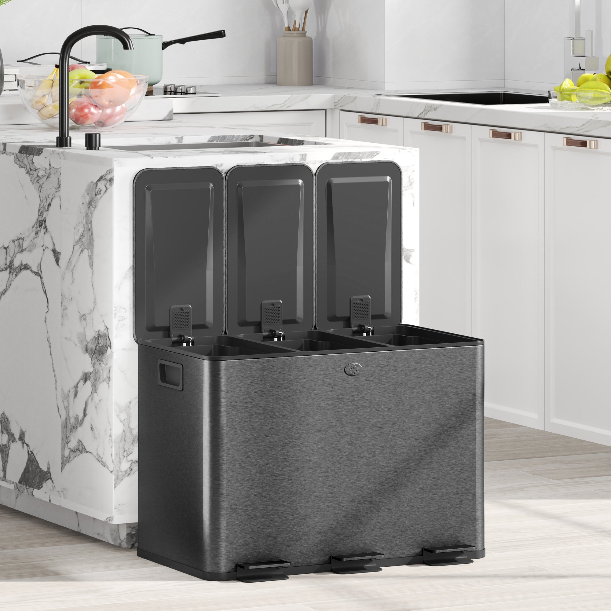 Kozy - 3 x 20L Pedal Bin, Steel Triple Kitchen Bin with Soft Close Lid, Removable Inner Buckets, Fingerprint-Proof, Black