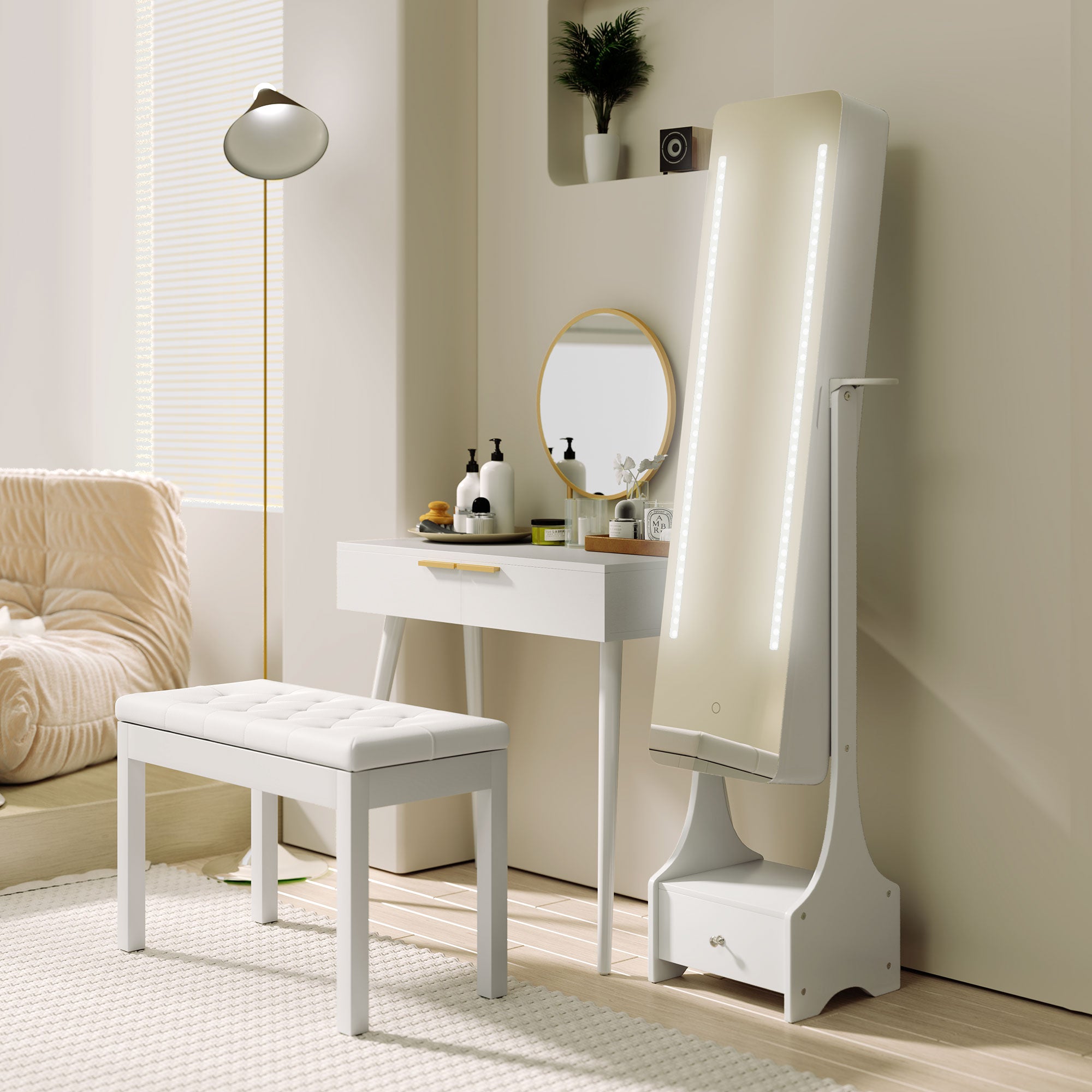 Kozy Jewellery Cabinet, Full Length Mirror with Storage, Free Standing Mirror with LED Lights, Hooks, Drawer and Hairdryer Holder for Bedroom, White